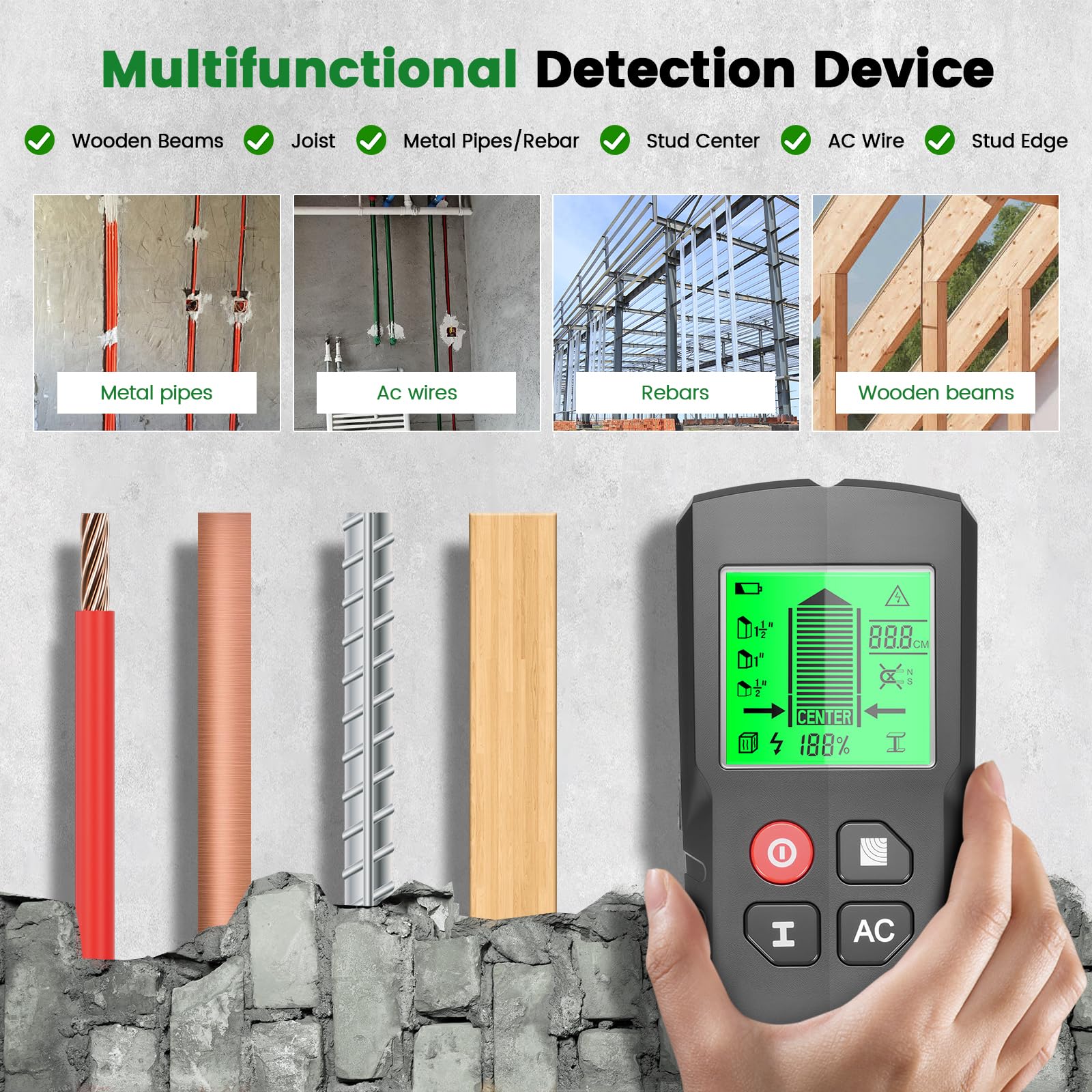 Leitungssucher Ortungsgerät, 5 in 1 Multifunktions Wand Scanner Detektor Stud Finder, Leitungssuchgerät mit HD-LCD-Display & Audio-Alarm für Metall, Rohre, Holz, Stromleitung, Bolzen & Balken