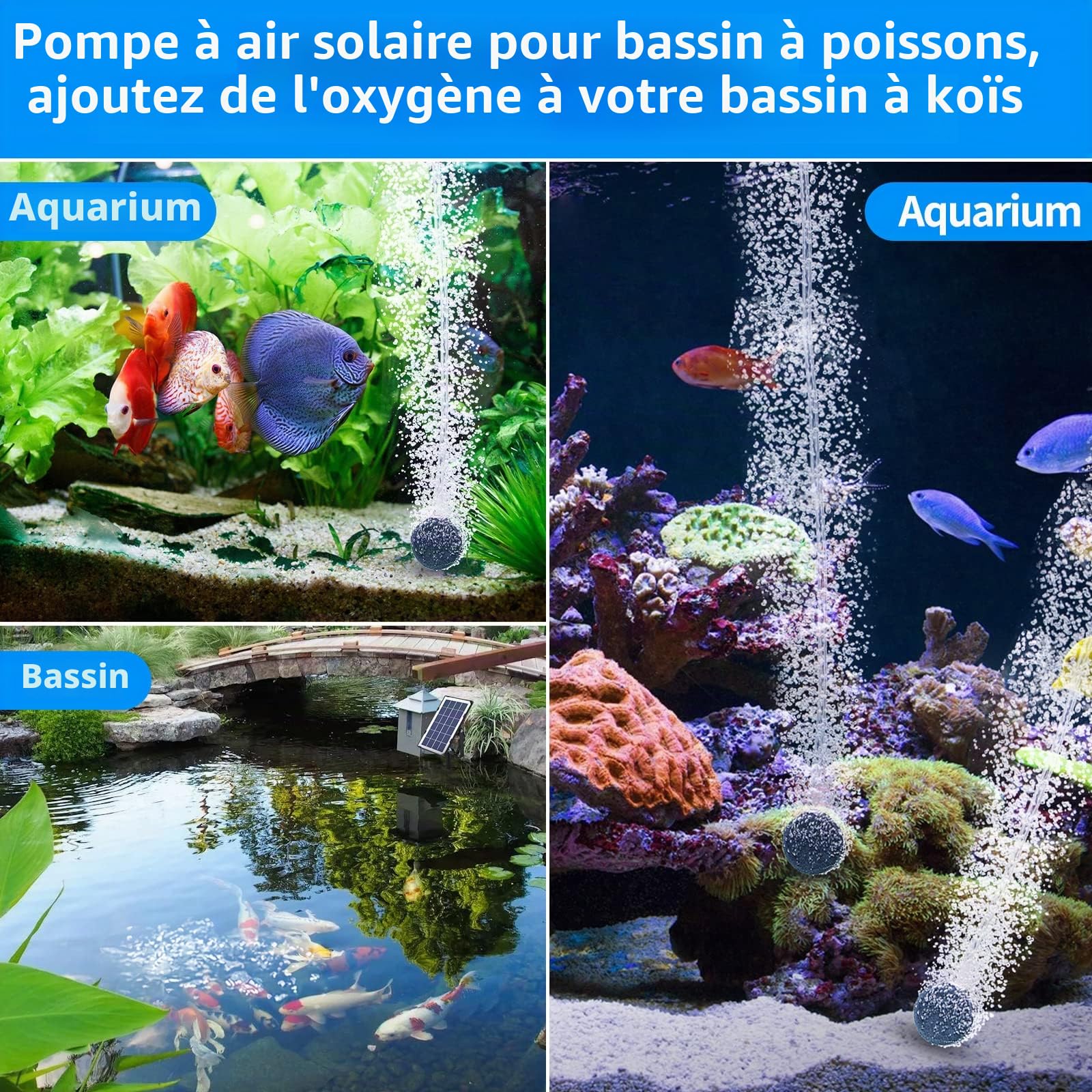 Aérateur de bassin solaire, pompe à air de bassin solaire 3W avec 2 pierres à bulles d'air, 0,9L/MIN, protection contre la surcharge, oxygénateur pour aquarium de jardin, aquarium de poisson
