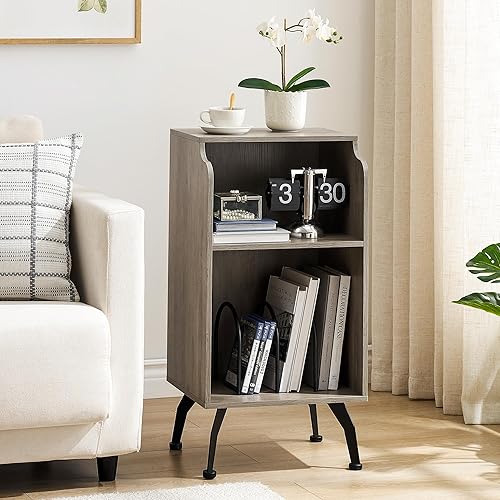 Miniatura 8 de GAOMON Mesa auxiliar con espacio de almacenamiento de 3 niveles, mesa auxiliar vintage con borde curvado y 4 patas de metal sólido para sala de