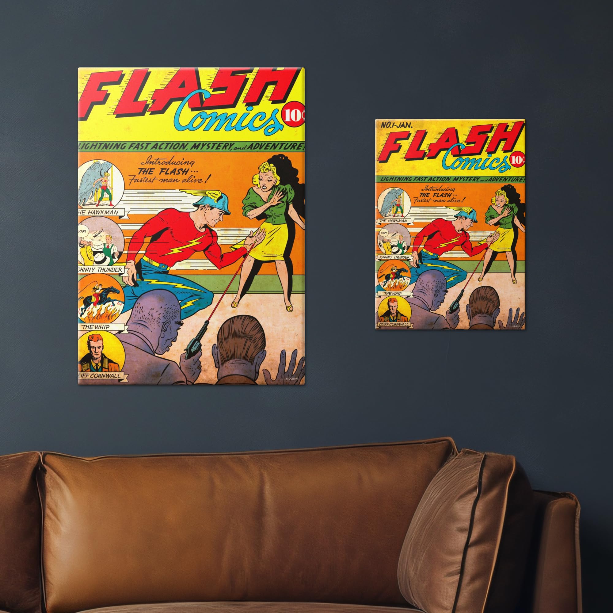 Displate Metall poster DC Comics Flash Comics 1 by Sheldon Moldoff Größe M | Bild Plakate für Schlafzimmer Dekor, Geschenke. Magnetische Befestigung Wandposter, Wanddeko. Metall Wandkunst.