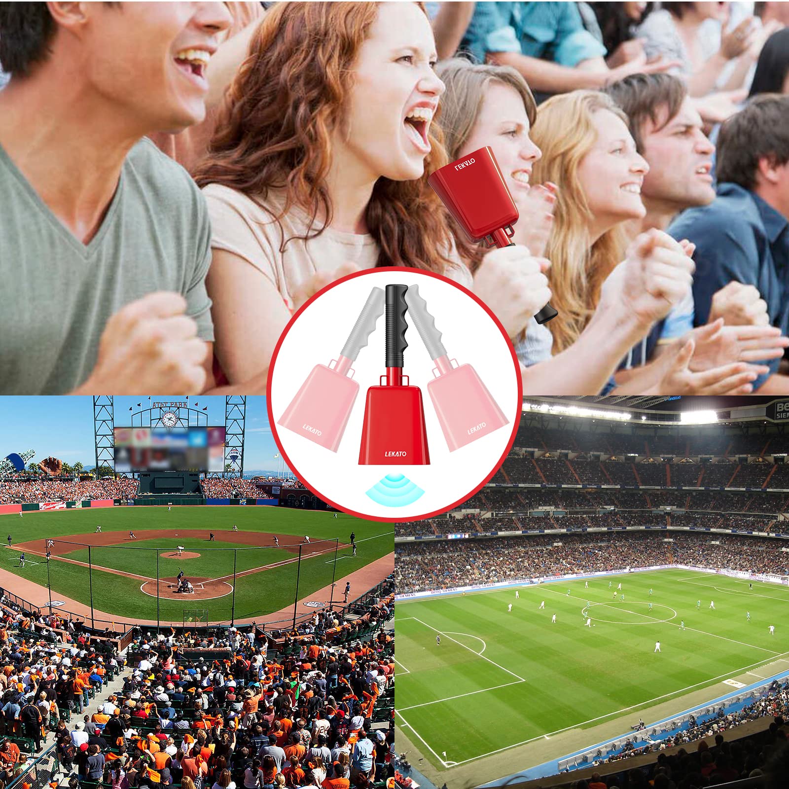 Campana de vaca de acero de 8 pulgadas con asa, paquete de 2 LEKATO para hacer ruido para eventos deportivos Campana de mano para juegos de fútbol fiesta concierto graduaciones escuela rancho (rojo)