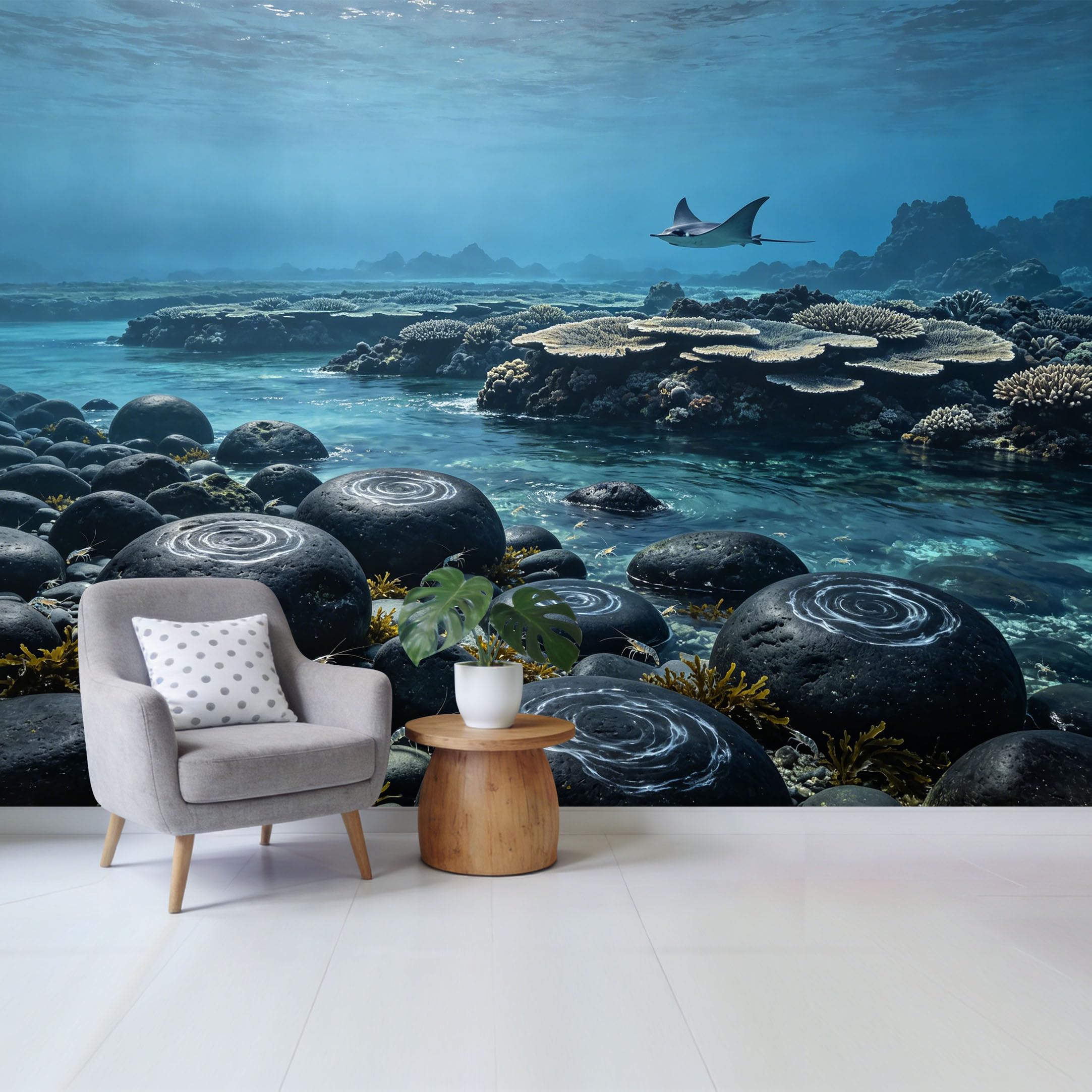 Custom Size Wall Mural Ocean Marine Underwater Coral Reef with Manta Ray and Stones Removable Self Adhesive Fabric Home Wall Decor for Living Room Bedroom Bathroom