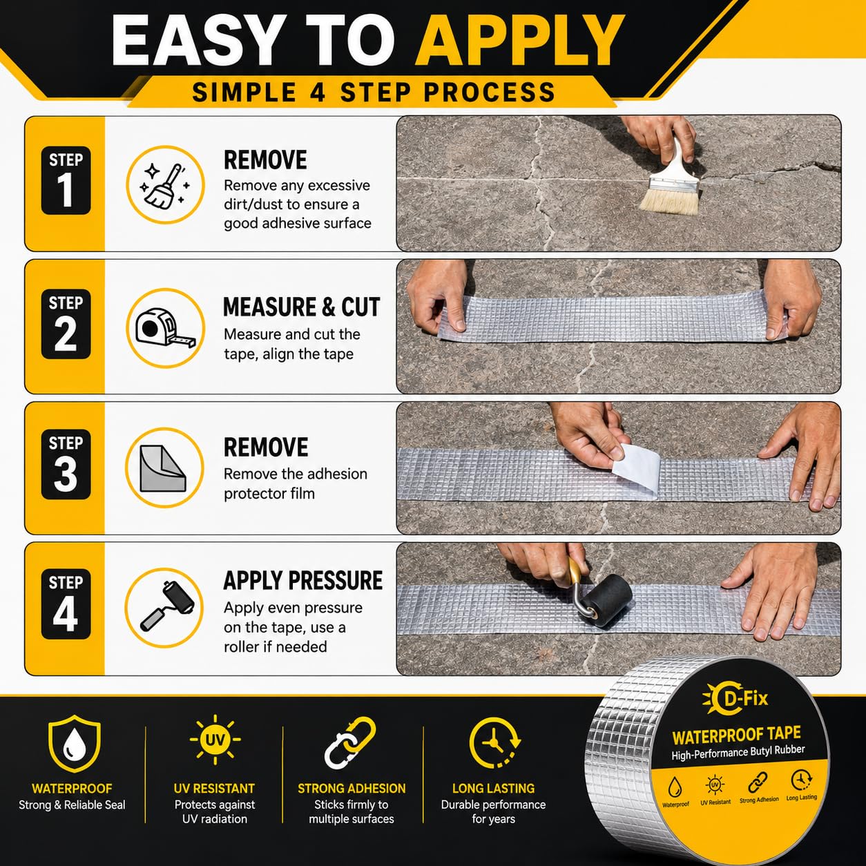 D-fix® Waterproof Repair Tape for Pipe Leakage Roof Water Leakage Solution Aluminium Foil Tape Waterproof Adhesive Sealing Butyl Rubber Tape for Surface Crack (Silver) (10CM x 5M) 4