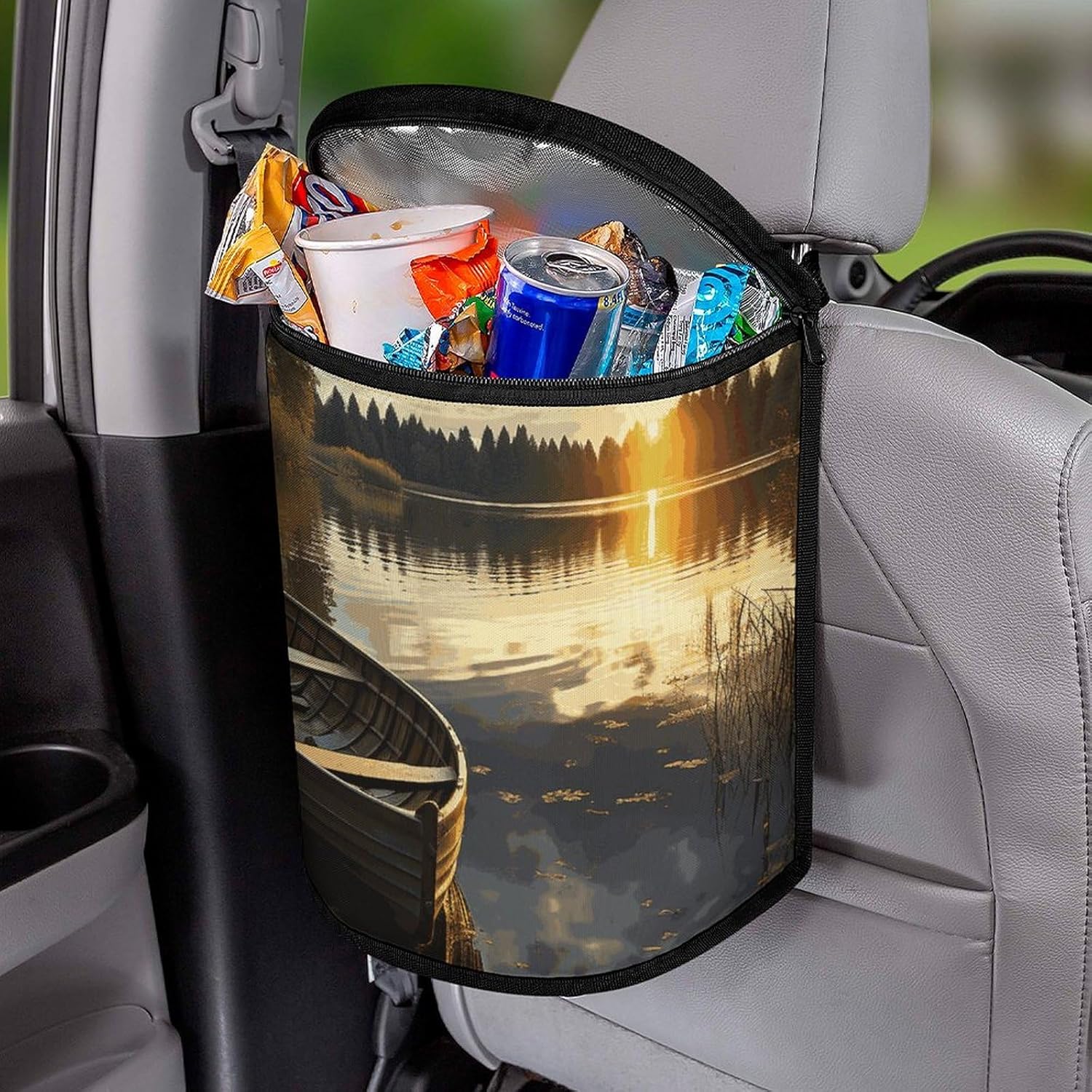Hanging Car Trash Bag Boat at Lake Shore Printed Car Garbage Storage Bag Leakproof Car Trash Can Portable Garbage Storage Bags