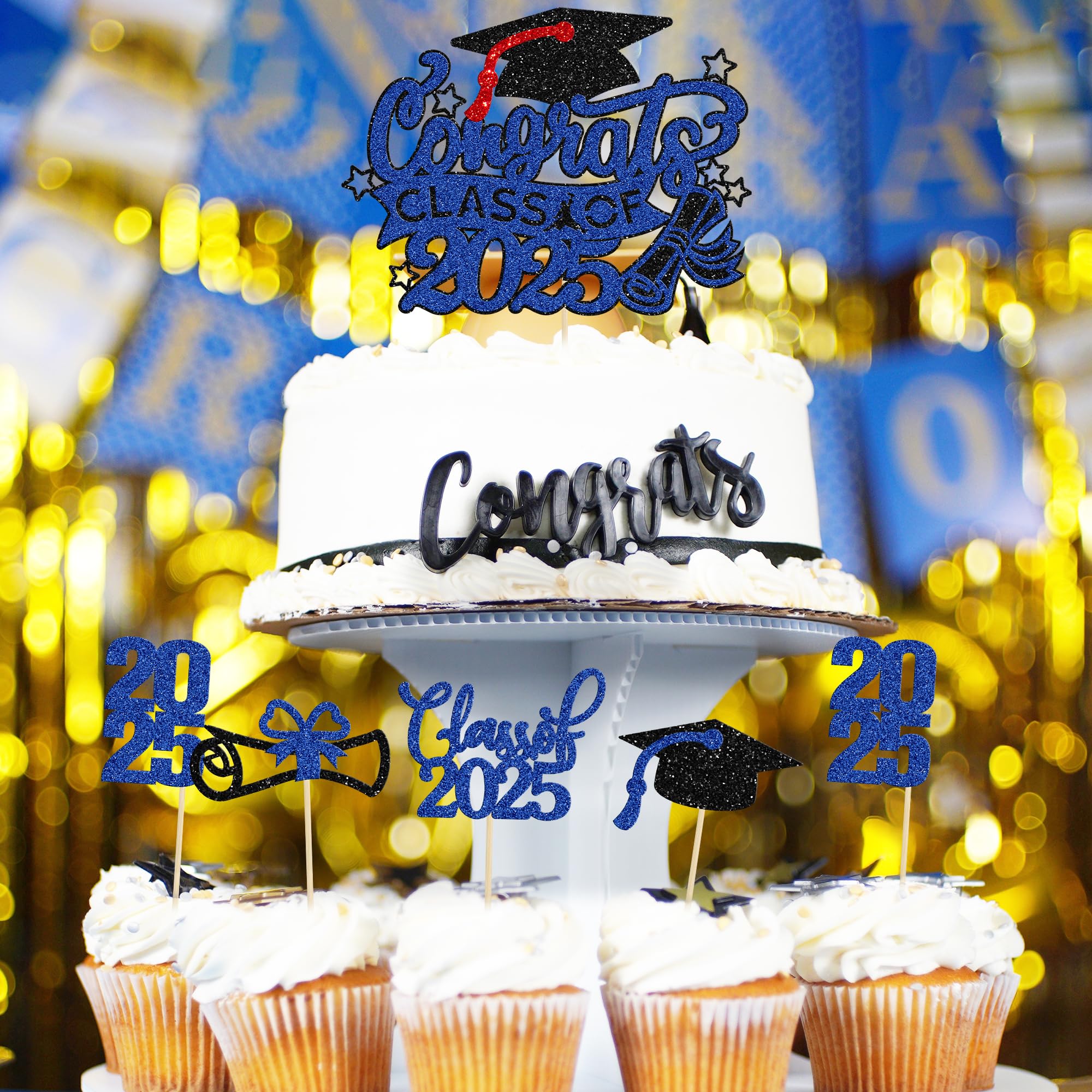 Gyufise 25Pcs 2026 Graduation Cupcake Toppers Glitter Class of 2026 Cake Topper Diploma Grad Cap Class of 2026 Cupcake Picks Decorations for 2026 Graduation Theme Party Supplies Black Blue - Image 4