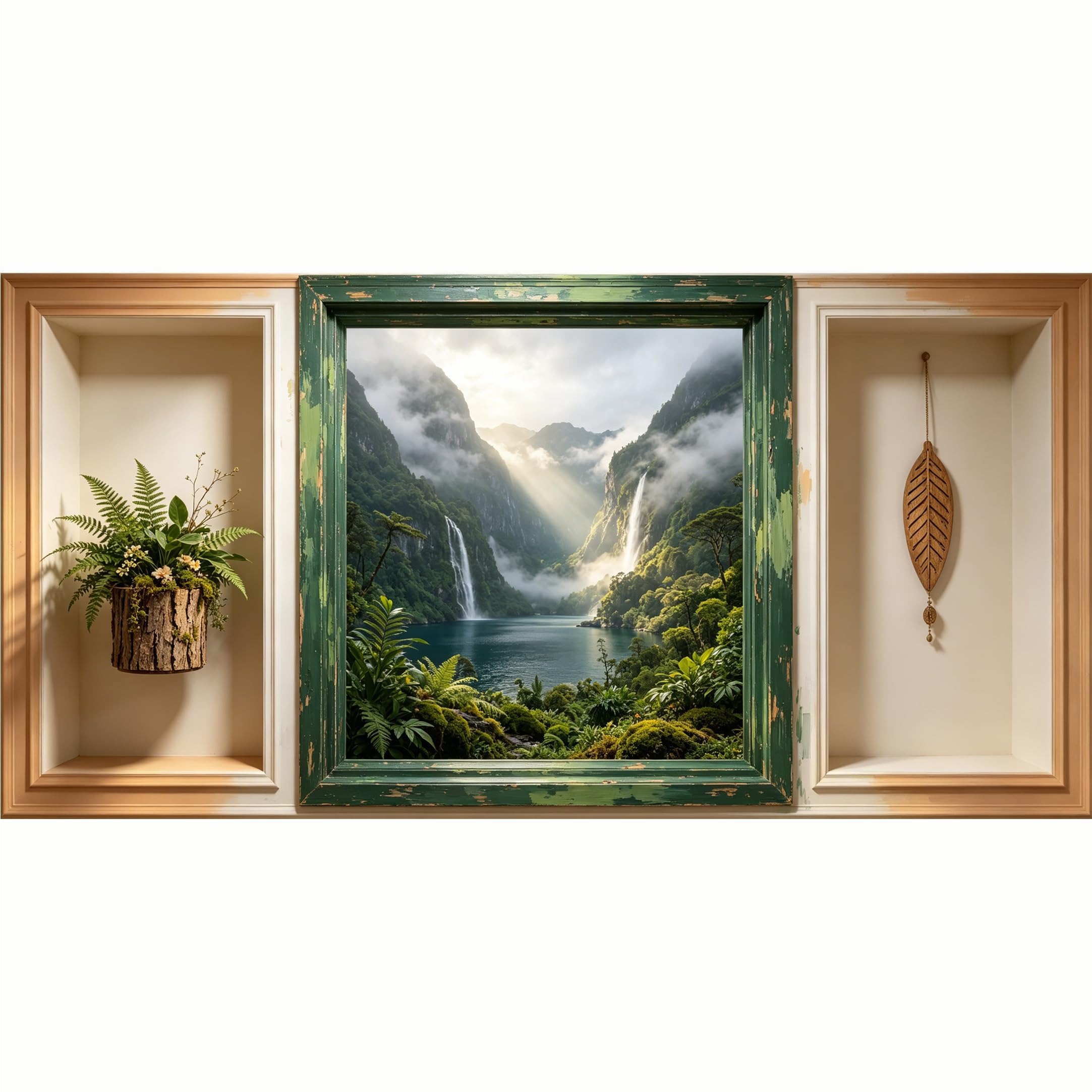 QZLITHOTIC 50x100cm 3D Framed Wall Art， Misty Mountain Waterfall Landscape Self‑Adhesive Mural， Water‑Activated Peel & Stick Fabric Decor Wall Decal for Bedroom Living Room