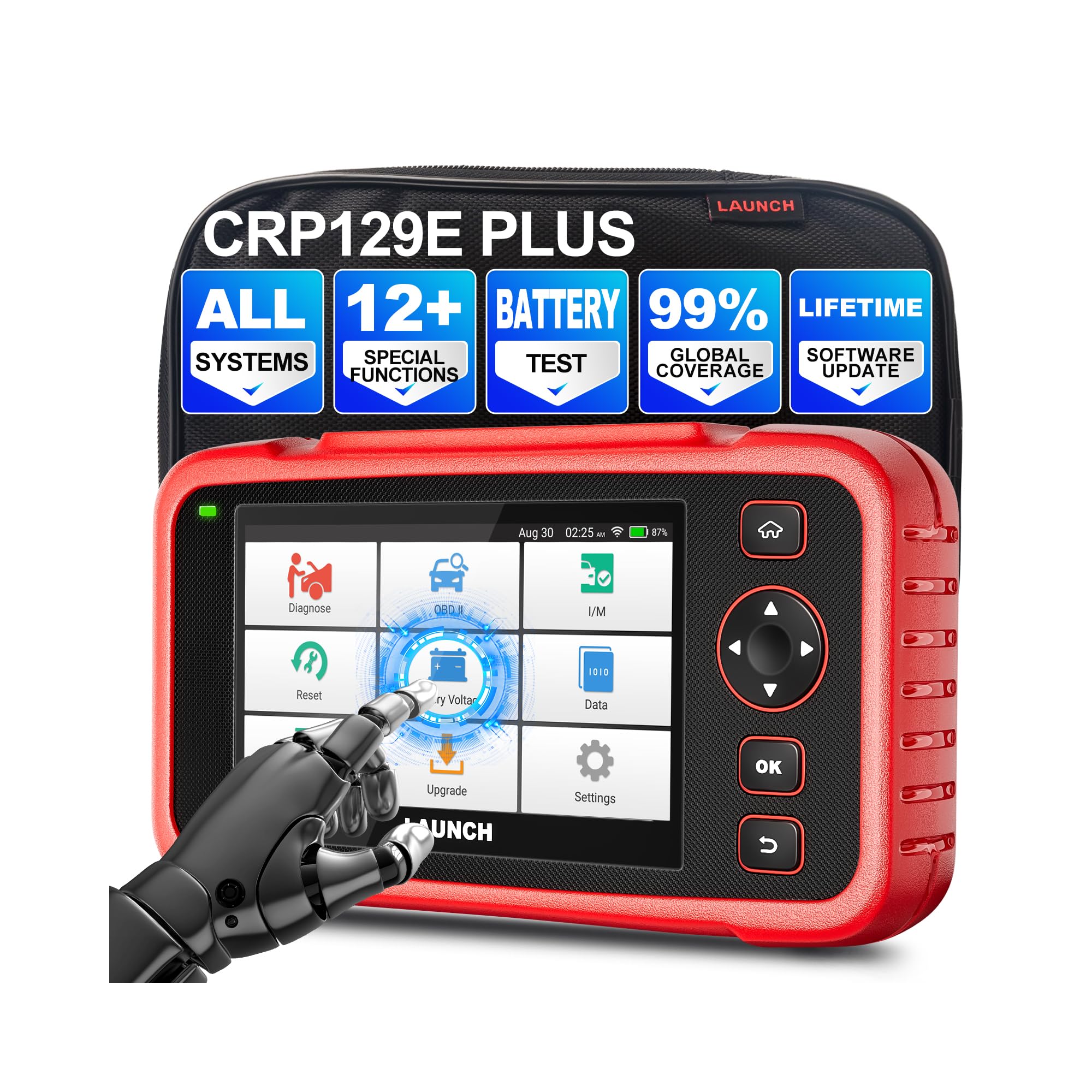 LAUNCH OBD2 Diagnosegerät Auto CRP129e Plus, Auslesegerät mit Alle System, 12+Reset ABS/EPB/DPF/SAS/TPMS Reset/Batterieabgleich/Einspritzdüsen-Codierung/Öl/Drosselklappe, Lebenslanges Software-Update