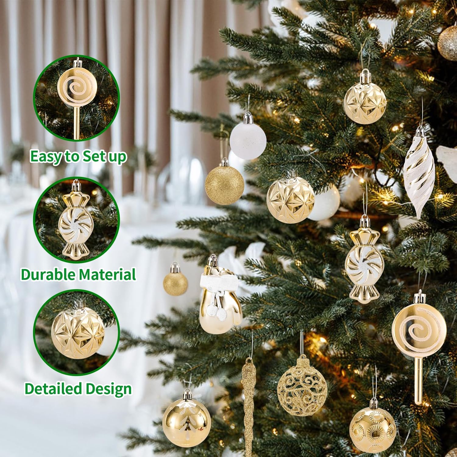 Shatterproof Christmas Ball Ornaments Set, 130 Pack Christmas Tree Decorations, Assorted Hanging Christmas Balls Bulk for Holiday Indoor Outdoor Xmas Party Decor (130 Golden) - Image 2