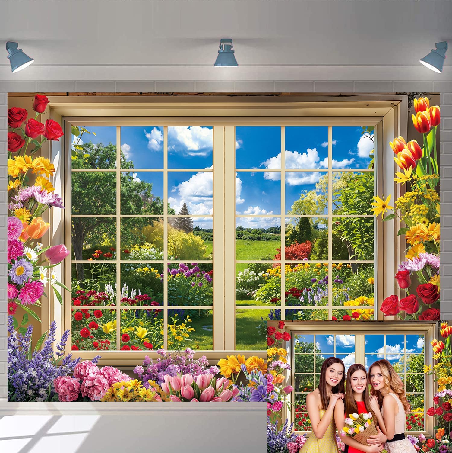 Easter Backdrop 8x6FT Spring Garden Window Photography Backgroung for Easter Party Wedding Birthday Baby Shower Photo Booth Banner