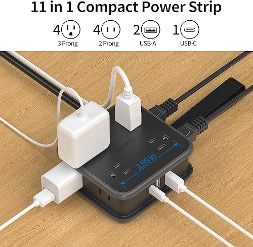 Miniatura 2 de NTONPOWER Regleta de alimentación de enchufe plano, cable de extensión de 5 pies con múltiples tomas, 8 tomas de corriente amplias con 3 USB (1 USB