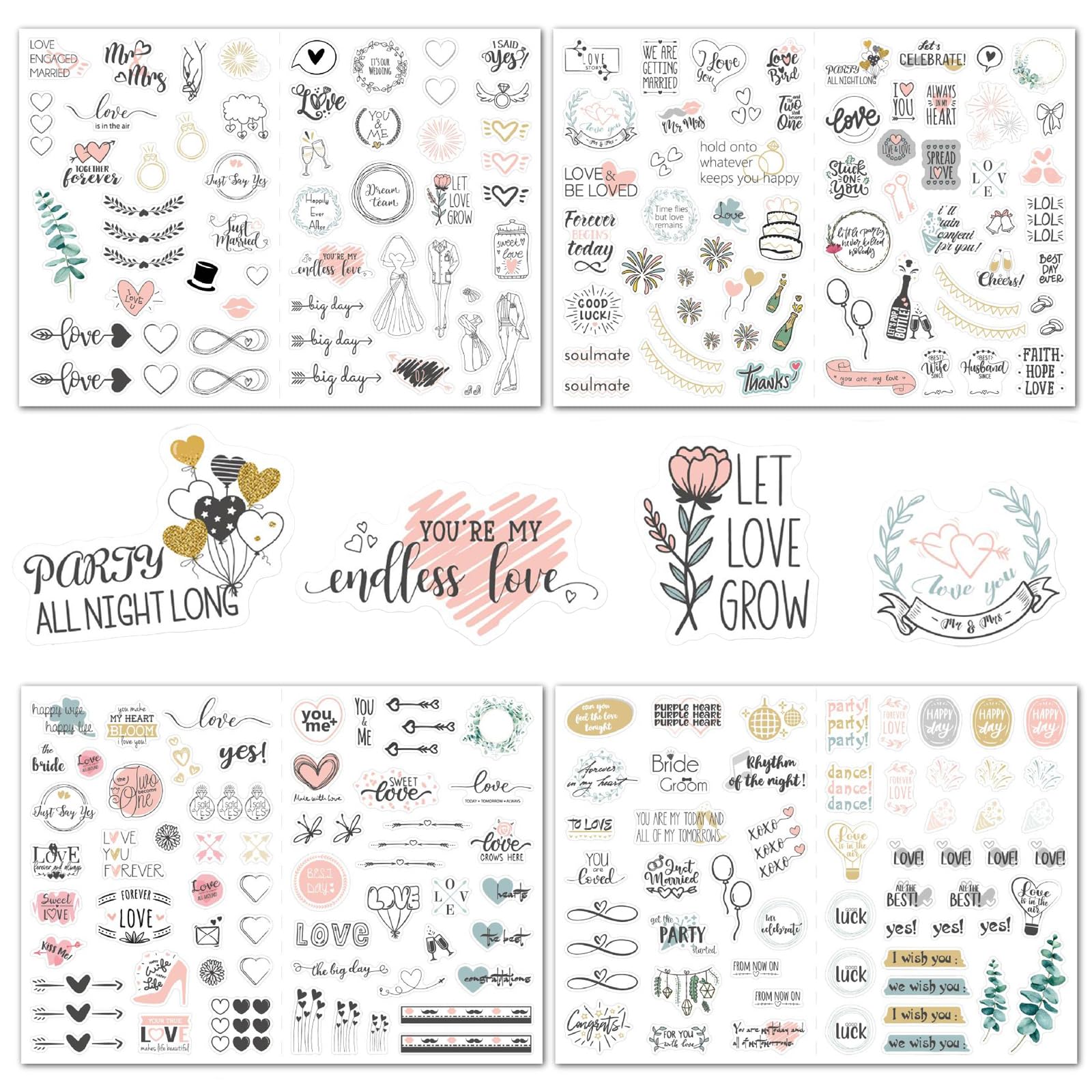 FlyWave Pegatinas Boda 4 PCS, Album Fotos Agregan Un Ambiente Romántico, Pegatinas para Album de Fotos, Diseño Personalizado Pegatinas Amor