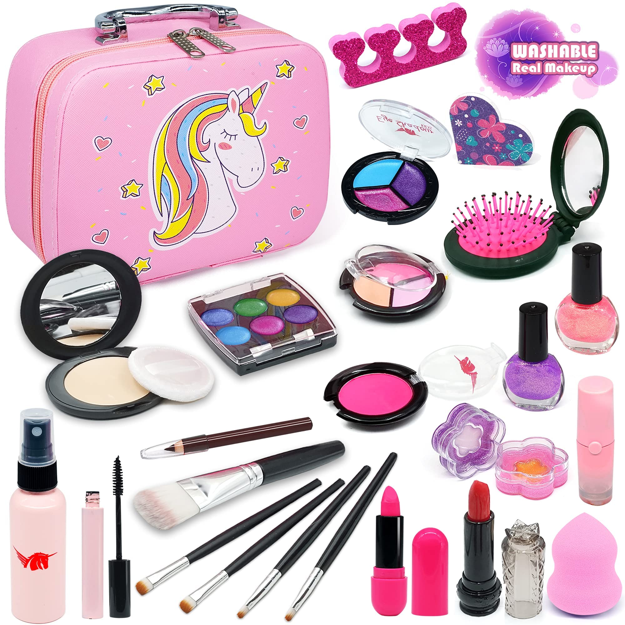 Kids Makeup Kit for Girls - 33 Pcs Washable Real Makeup Set for Kids, Children Makeup Kit for Little Girls, Pretend Play Makeup Toy with Adorable Makeup Bag for Girl Aged 3 4 5 6 7 8