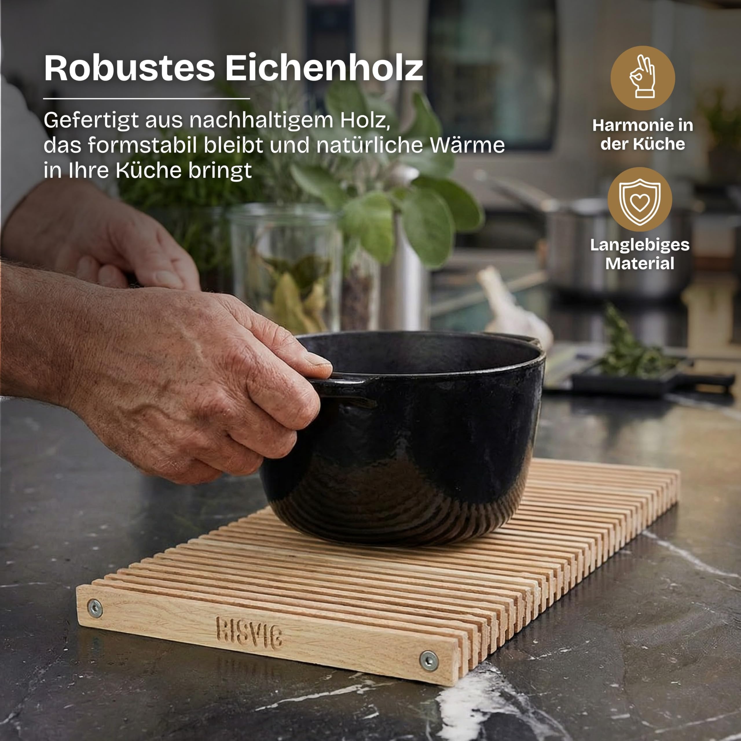 Lignus Pfannenuntersetzer aus Premium Eichenholz (38x19 cm) – Edler Topfuntersetzer aus europäischer Eiche, ausziehbar & antibakteriell – Design-Untersetzer für Küche & Esstisch