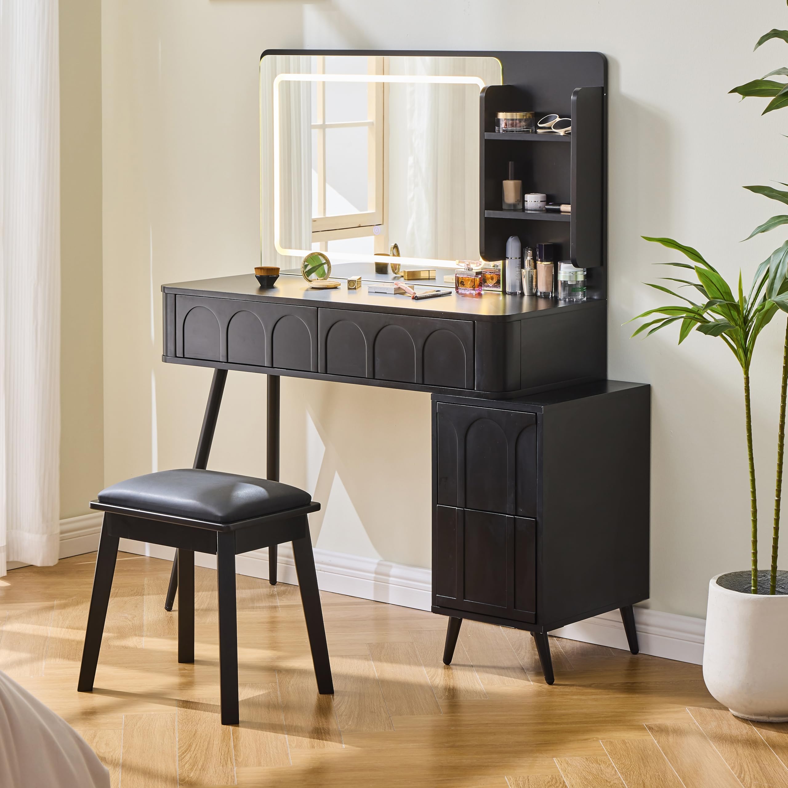 JIVOIT Modern Makeup Vanity Desk with Mirror, Dressing Table Set with Stool, Unique Fluted Waveform Panels, Space-Saving Vanity Set with 4 Drawer, Strong Metal Legs, Easy Assembly (Black//3)