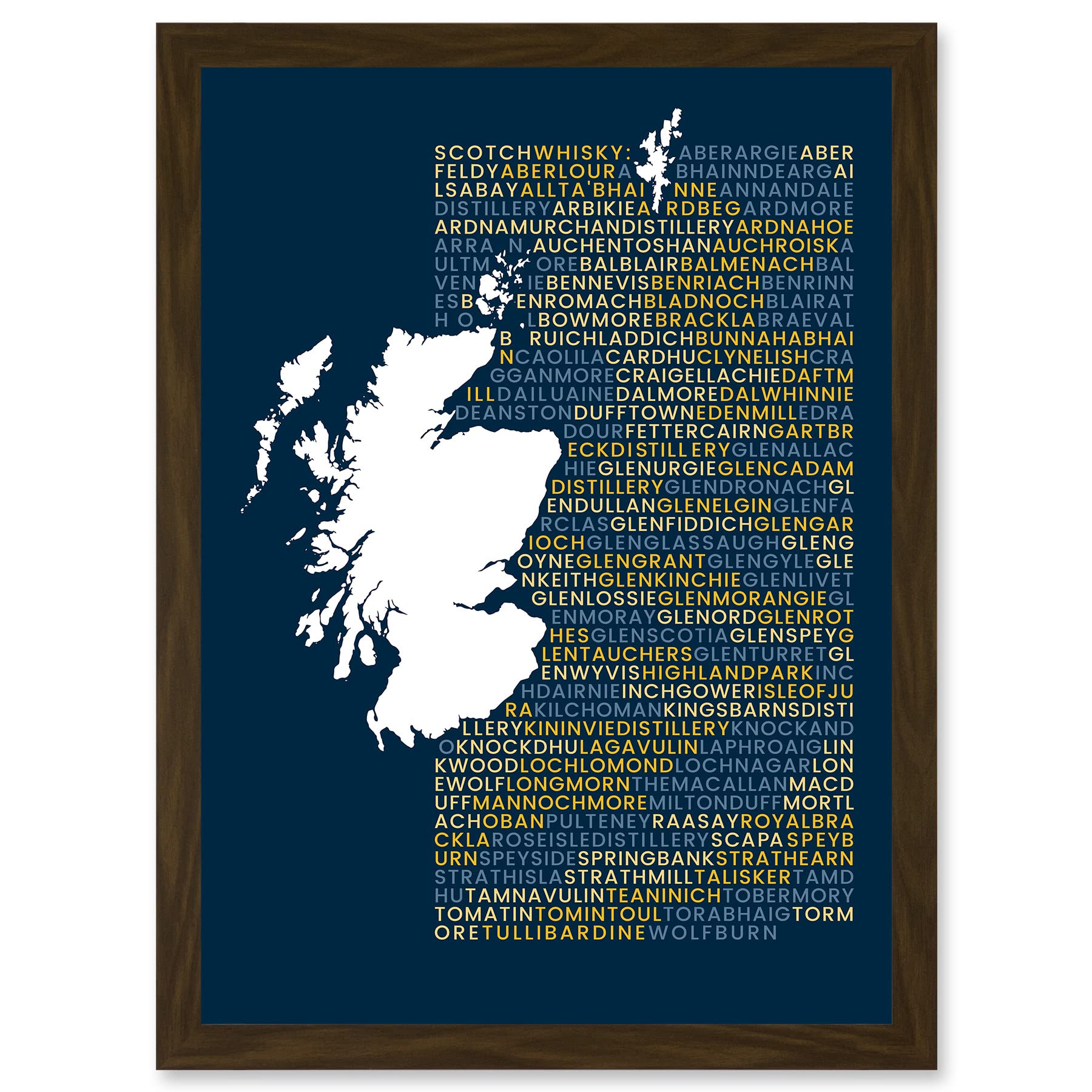 Wee Blue Coo Scotch Whisky Distilleries Typography Map Artwork Framed Wall Art Print A4
