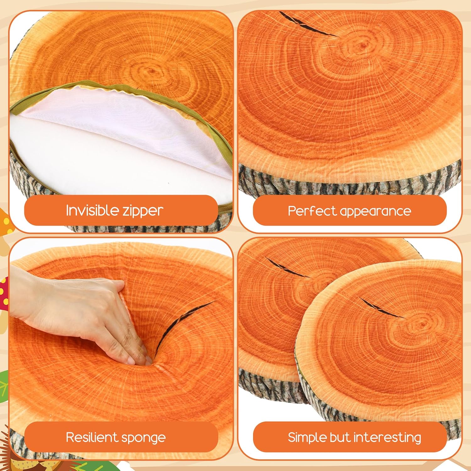 2PCS Round Throw Pillow Wood Decorative Funny Cute Wood Pillow Floor Sitting Cushion Natural Wood Circle Cushion 3D Digital Printing Forest Decor for Bedroom Living Room, 14 x 2.6 Inch