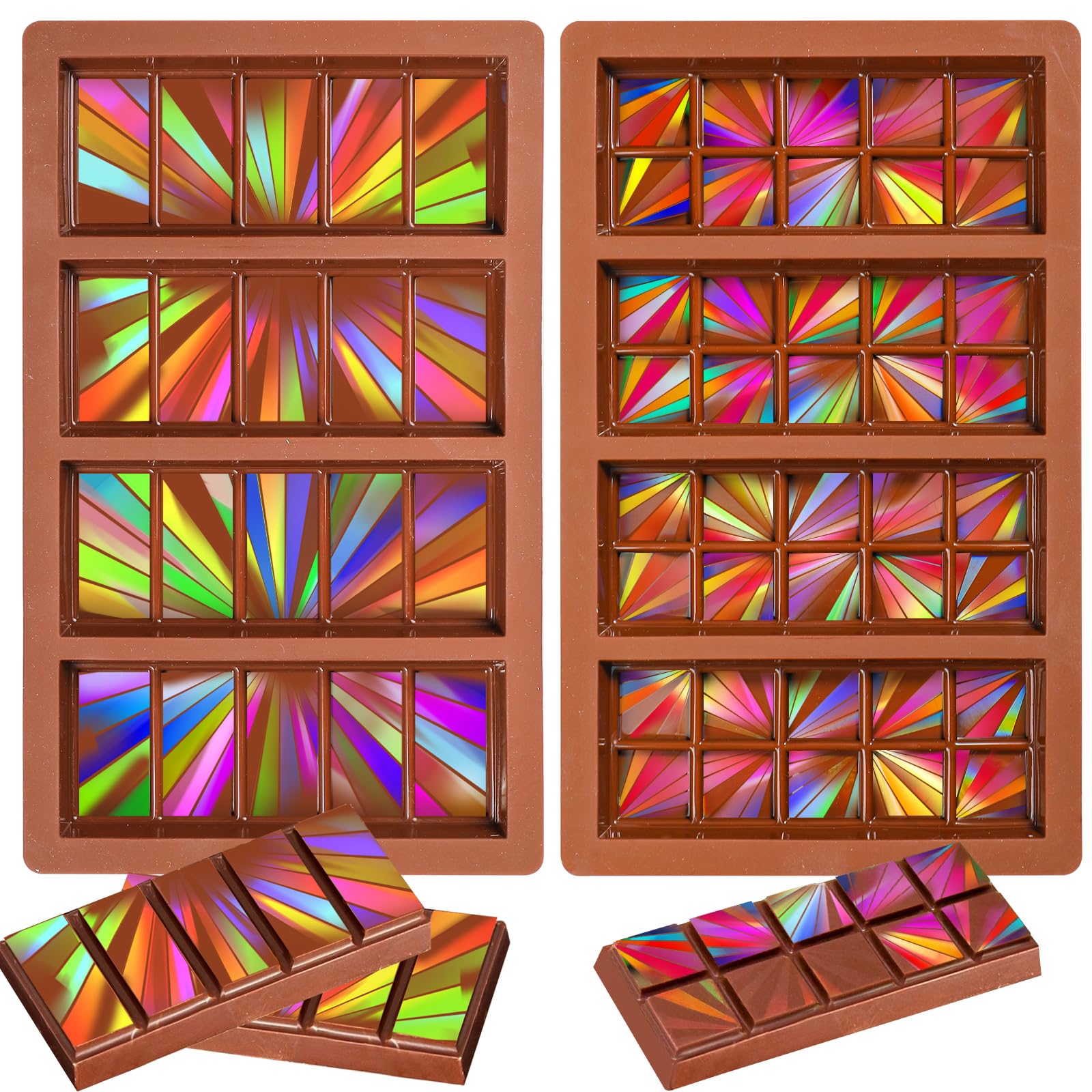 Webake 2pcs Holographic Chocolate Molds, Silicone Holographic Chocolate Bar Mold with 2 Different Shapes, Great for Baking Chocolate, Soap, Wax Melt and More