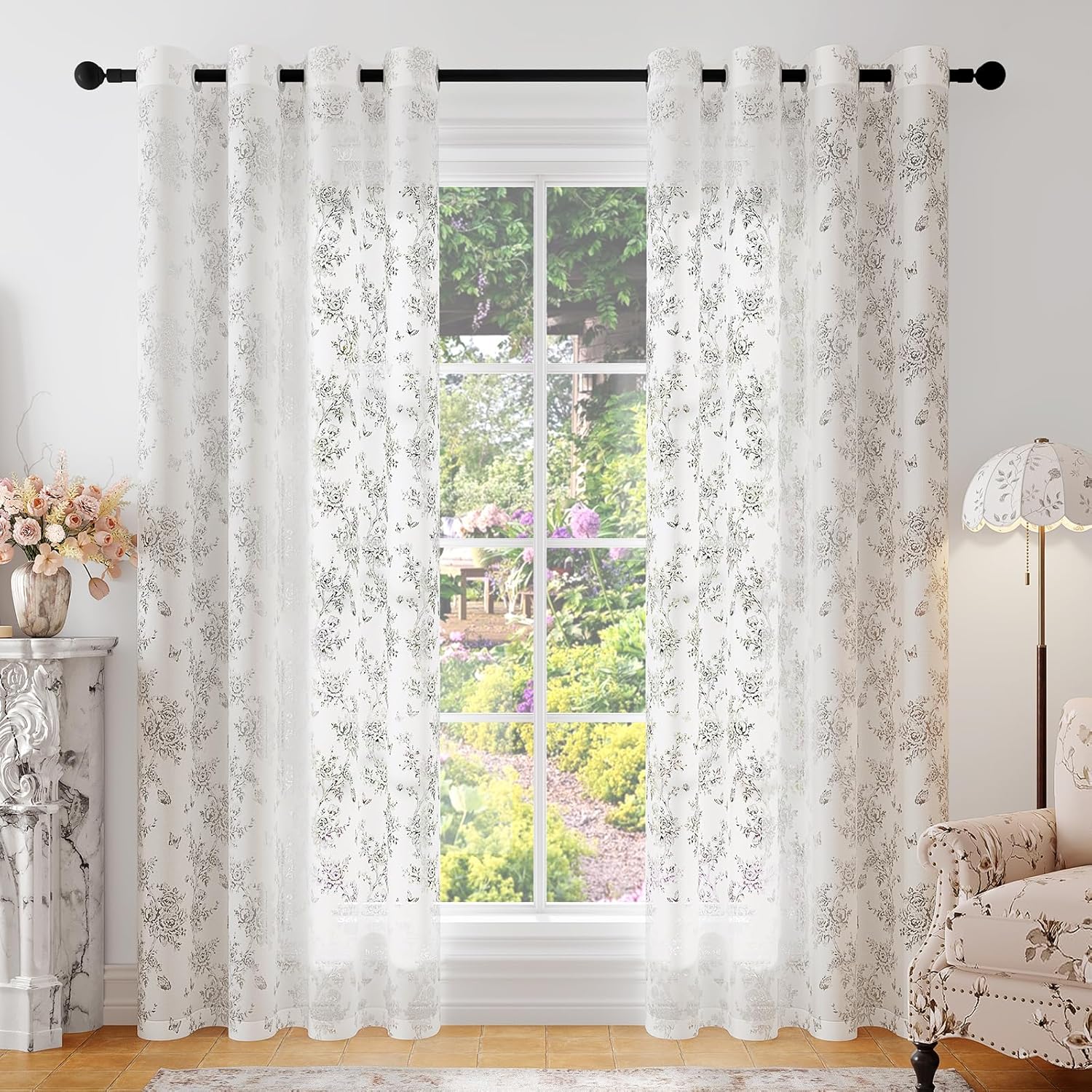 Amazon.com: Anmao Hollow Floral Sheer Curtains for Living Room 84 Inch ...