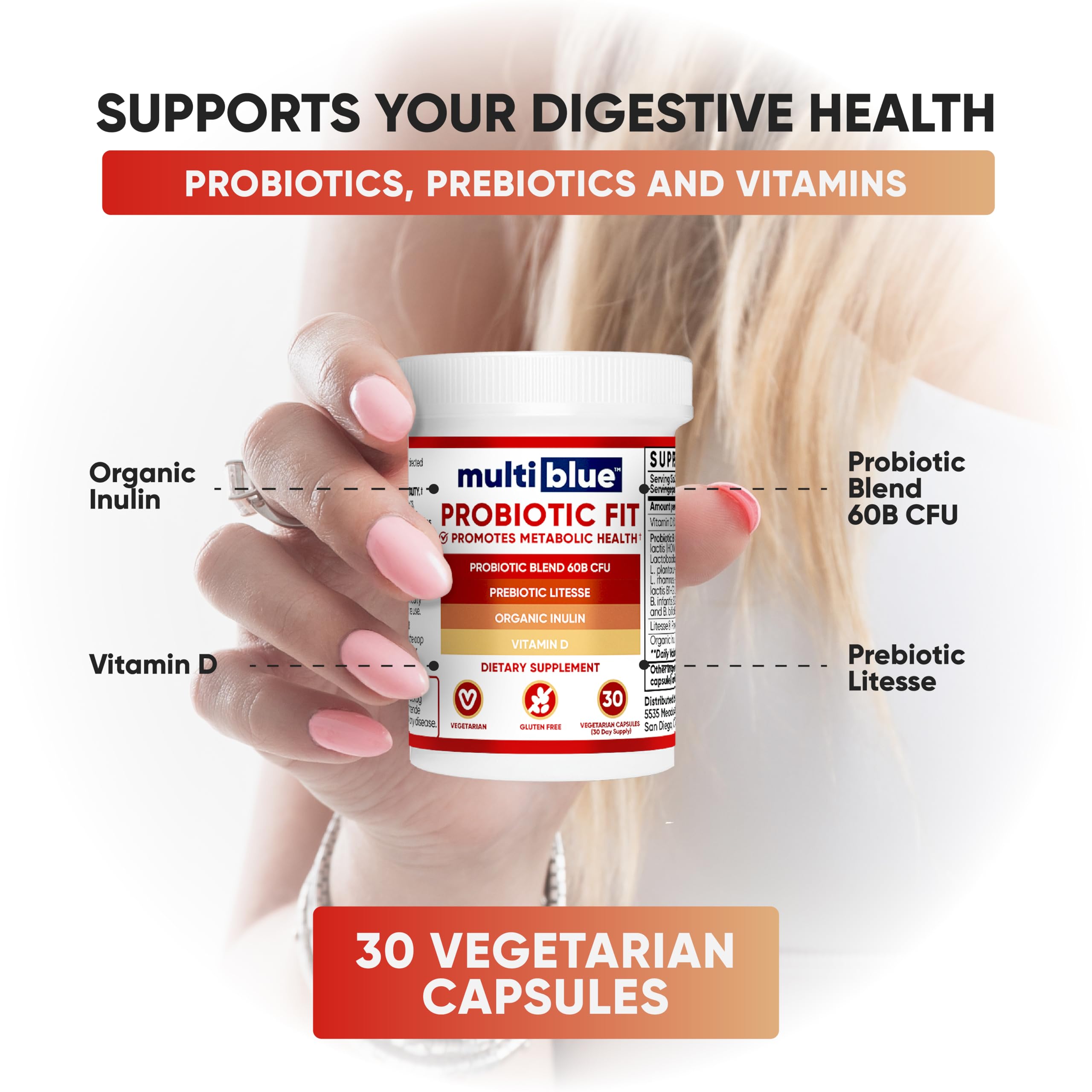 Probiotic Fit for Men & Women, Bifidobacterium Lactis B-420, Digestive & Gut Health, 60 Billion CFU, Prebiotic + Vitamin D3, 30 Cnt