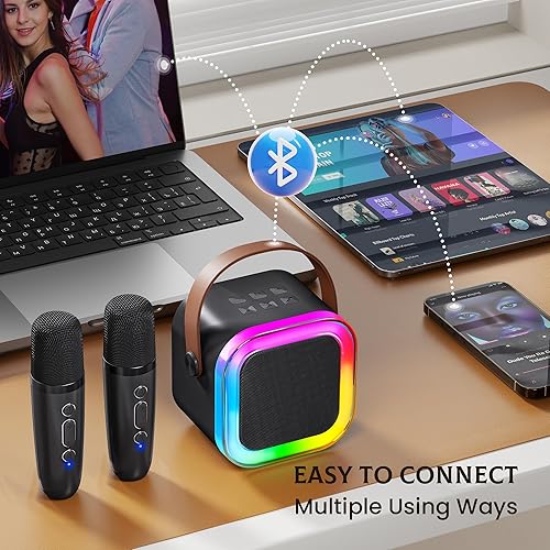 Miniatura 7 de Máquina de karaoke para niños y adultos, minialtavoz Bluetooth portátil con 2 micrófonos inalámbricos y luces de fiesta, para celular, regalo