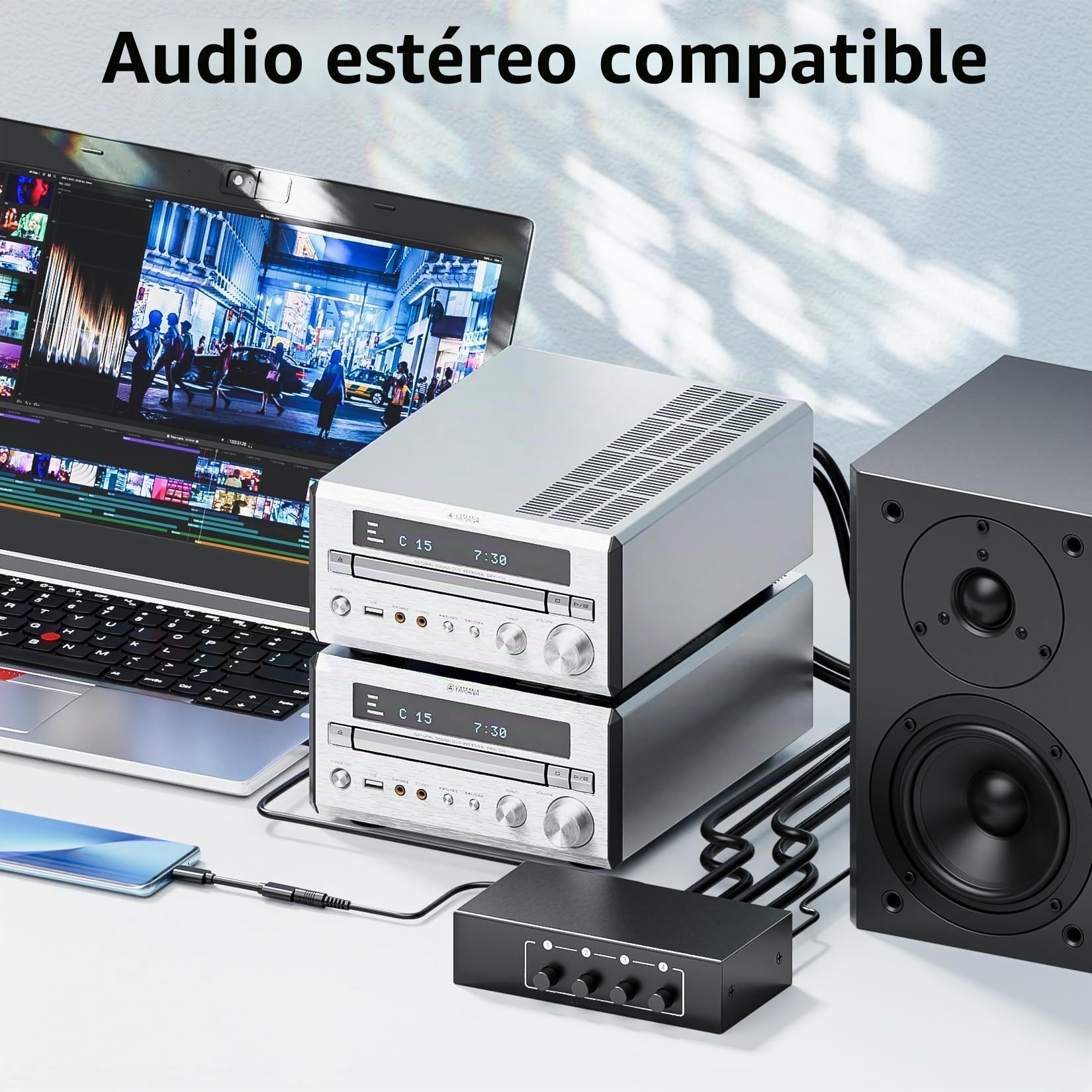 BolAAzuL - Divisor de audio auxiliar de 3,5 mm + RCA L/R, 1 en 4 salidas, caja distribuidora de audio estéreo de 4 canales de 4 canales para reproductor de DVD, consola de juegos, auriculares, altavoz