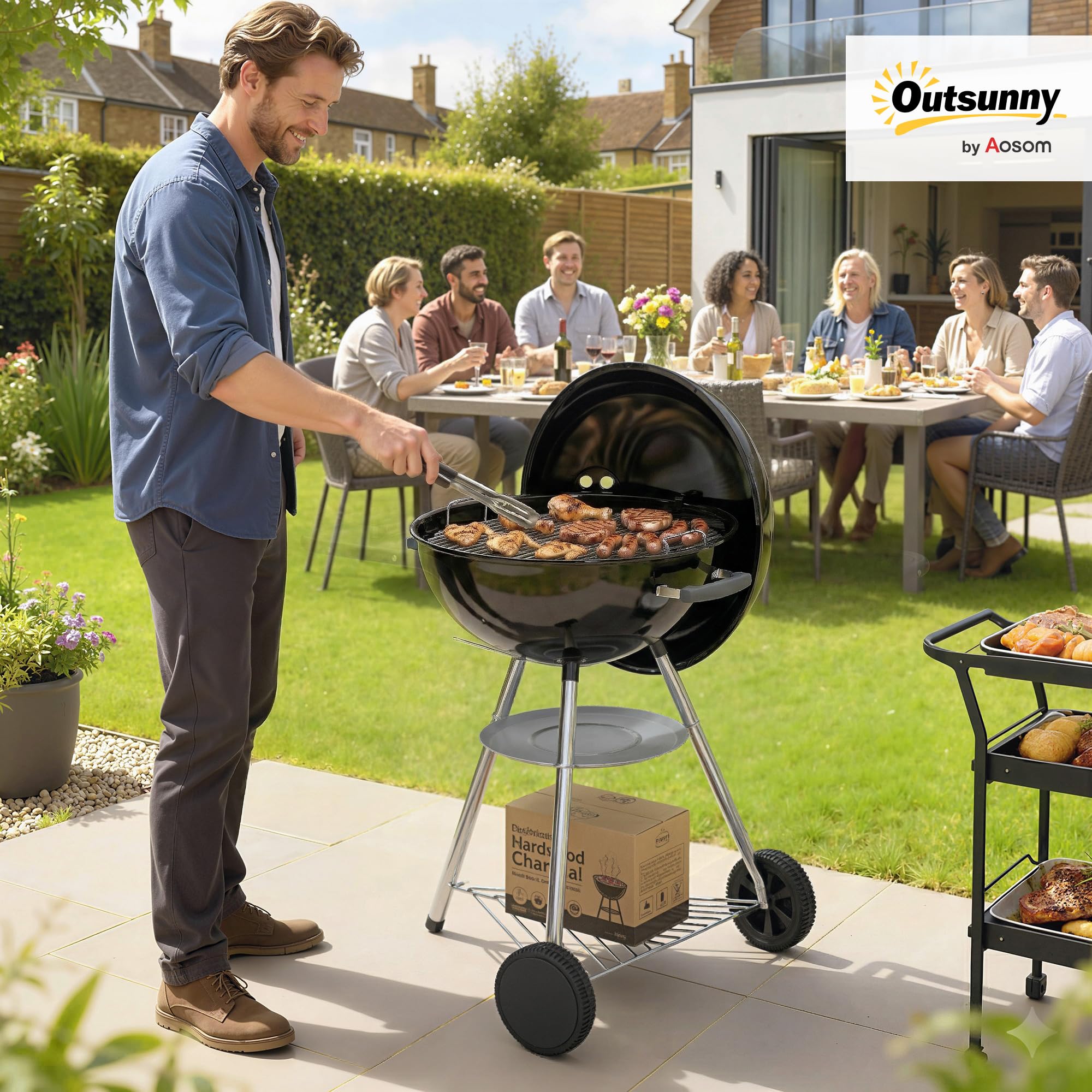 Outsunny Barbecue Carbonella Rotondo Kettle, BBQ Carbonella Portatile con Coperchio, Griglia Ø53.5cm, 2 Scatole Carbone, Ripiano, Termometro, Sfiati Regolabili, Portacenere, Manici, Ruote per Giardino
