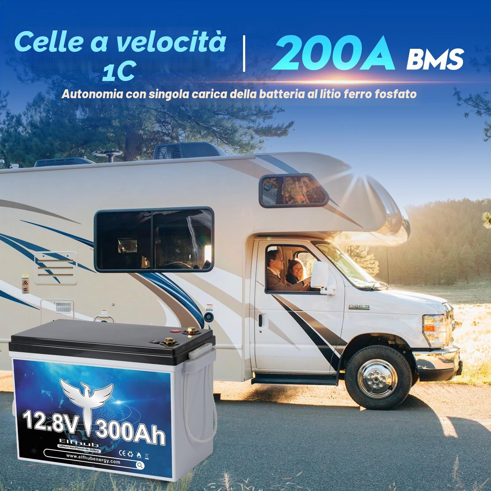 Batteria per auto LiFePO4 da 12 V 300 Ah con Bluetooth, BMS integrato da 200 A, batteria al litio a ciclo profondo da 3840 Wh, oltre 4000 cicli, ideale per camper e rimorchi solari