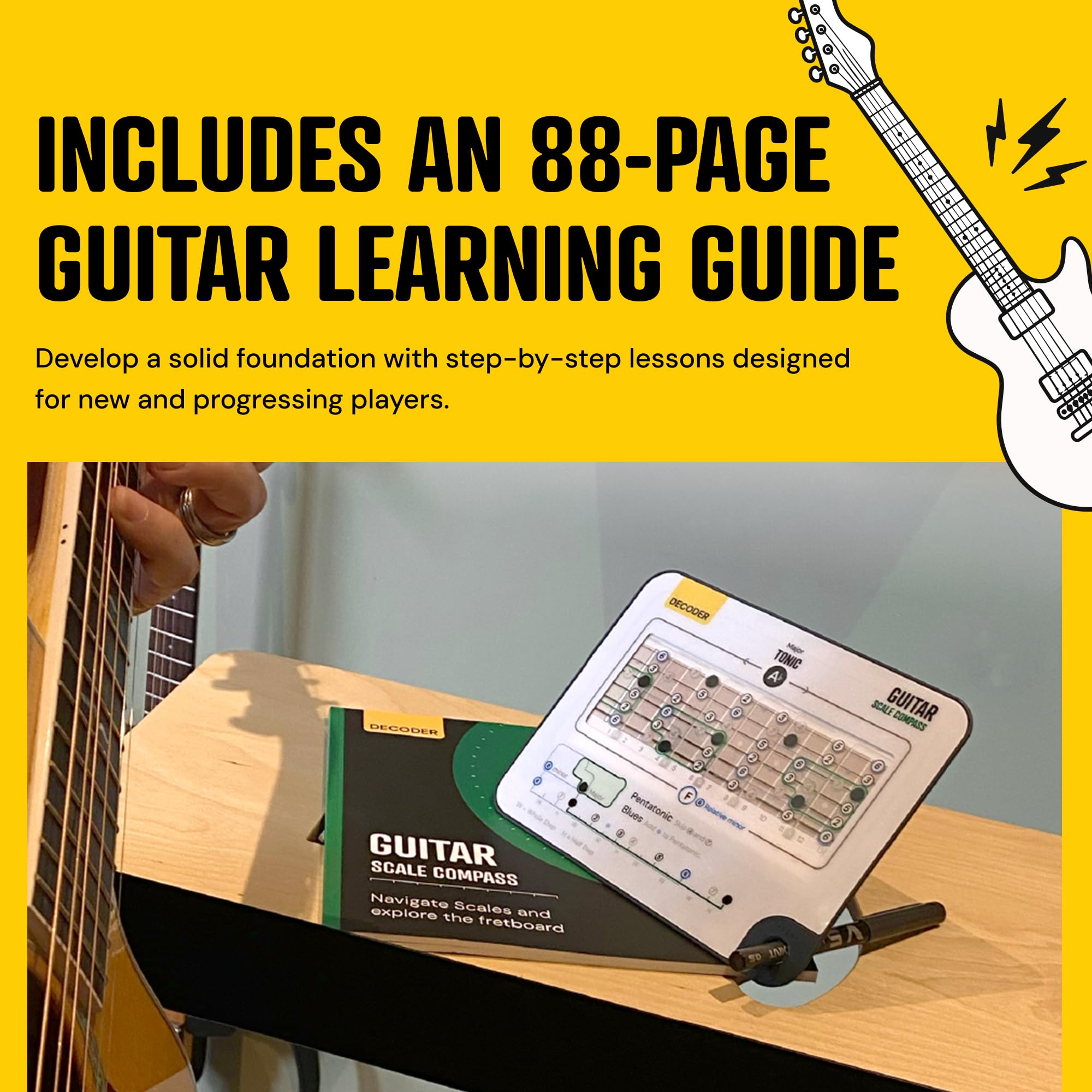 Bilancia scorrevole per chitarra, bussola, libro: impara le scale maggiori, minori, pentatoniche e blues, grafico della scala della tastiera, guida teorica illustrata per chitarra acustica ed