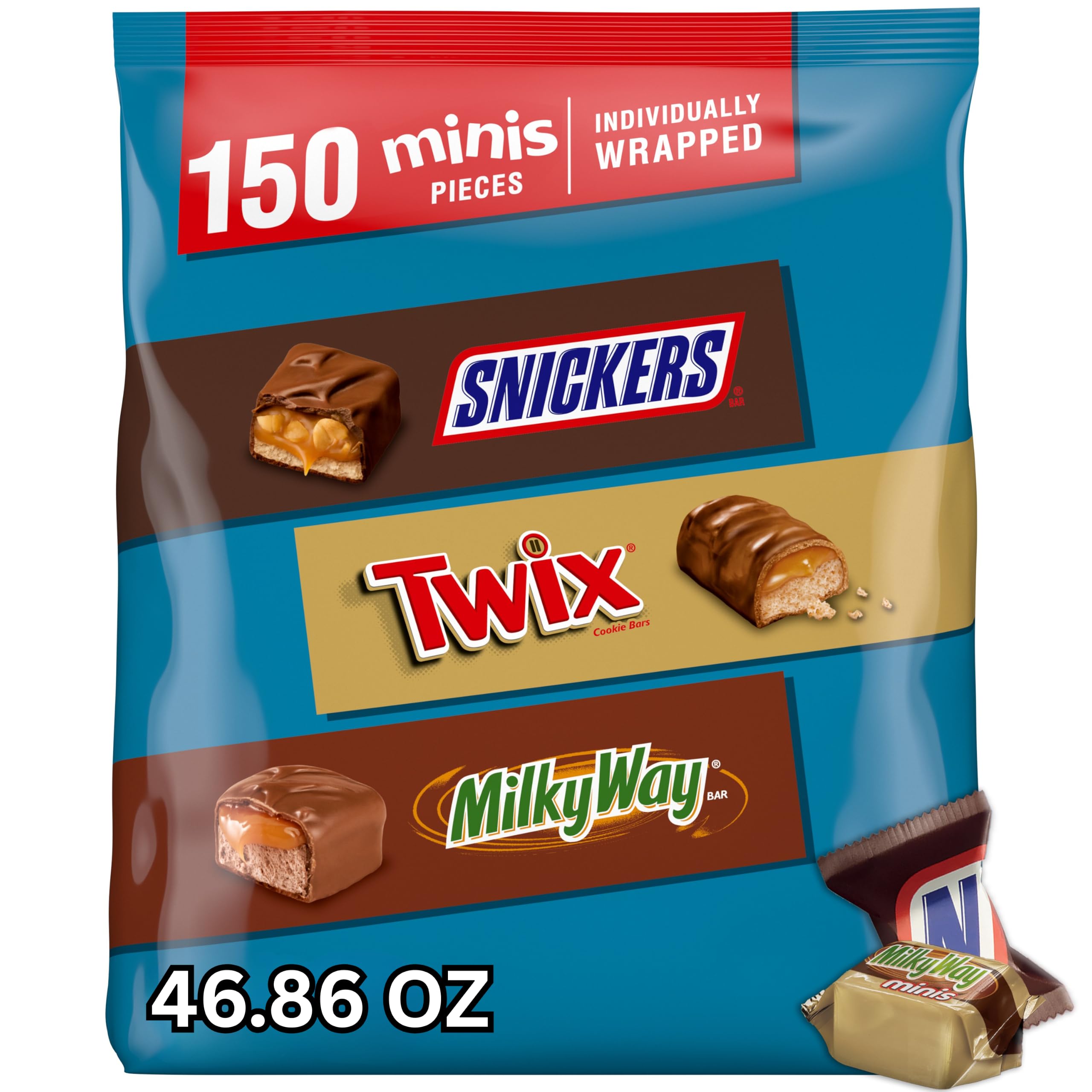 SNICKERS, TWIX, & MILKY WAY Minis Chocolate Candy Bars Variety Pack, 150 Ct Bulk Bag 46.86 Ounce (Pack of 1)