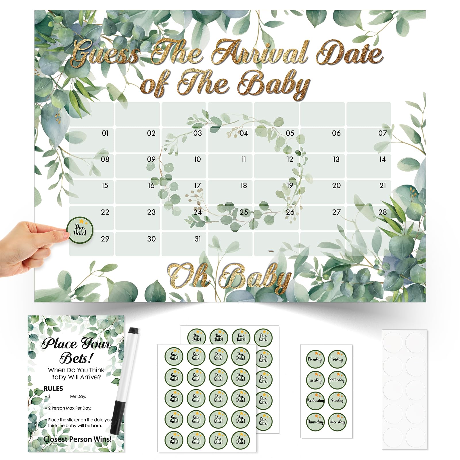 Spakon Greenery Baby Shower Due Date Calendar Baby Shower Game Include Guess the Arrival Date of Baby Prediction Calendar Place Your Bets Prediction