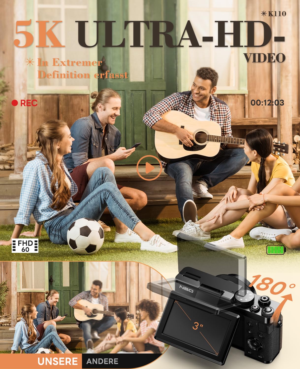 NBD 5K Digitalkamera 64MP mit Autofokus, 18X Digitalzoom | 3 Zoll 180° Klappdisplay, 2 Akkus, 32GB Karte, F1.8 Objektiv, Makromodus, Vlogging, Reisen, Anfänger