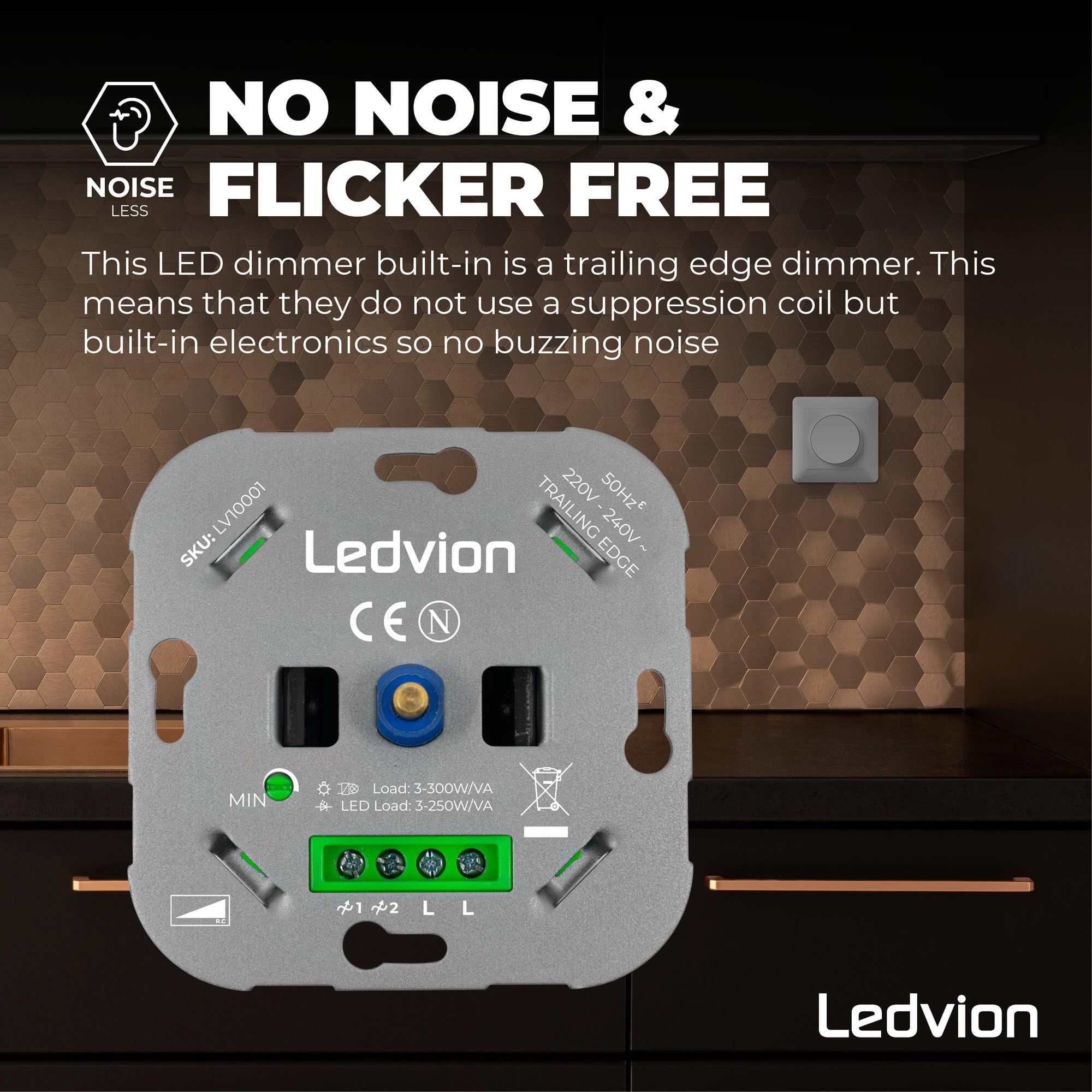 Ledvion - Interruttore Dimmer LED, LED 3-250 W/Alogeni 3–300 W, Copertura Bianca, Taglio di Fase, Dimmer Rotativo da Incasso, Variatore Rotativo LED