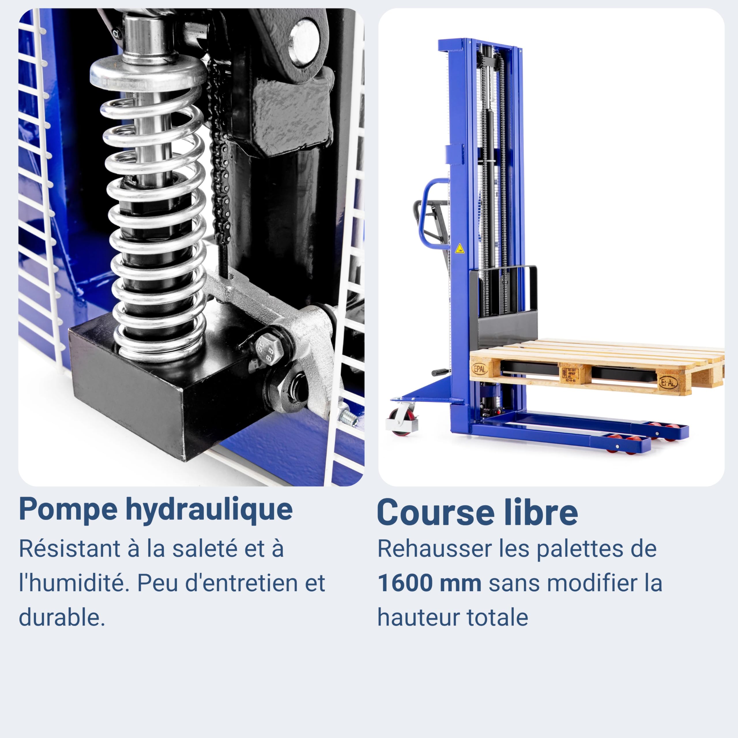 Pallit Gerbeur hydraulique LIFT-M | Hauteur de levage 1600 mm | Capacité de charge 1000 kg | Roues PU | Chariot élévateur