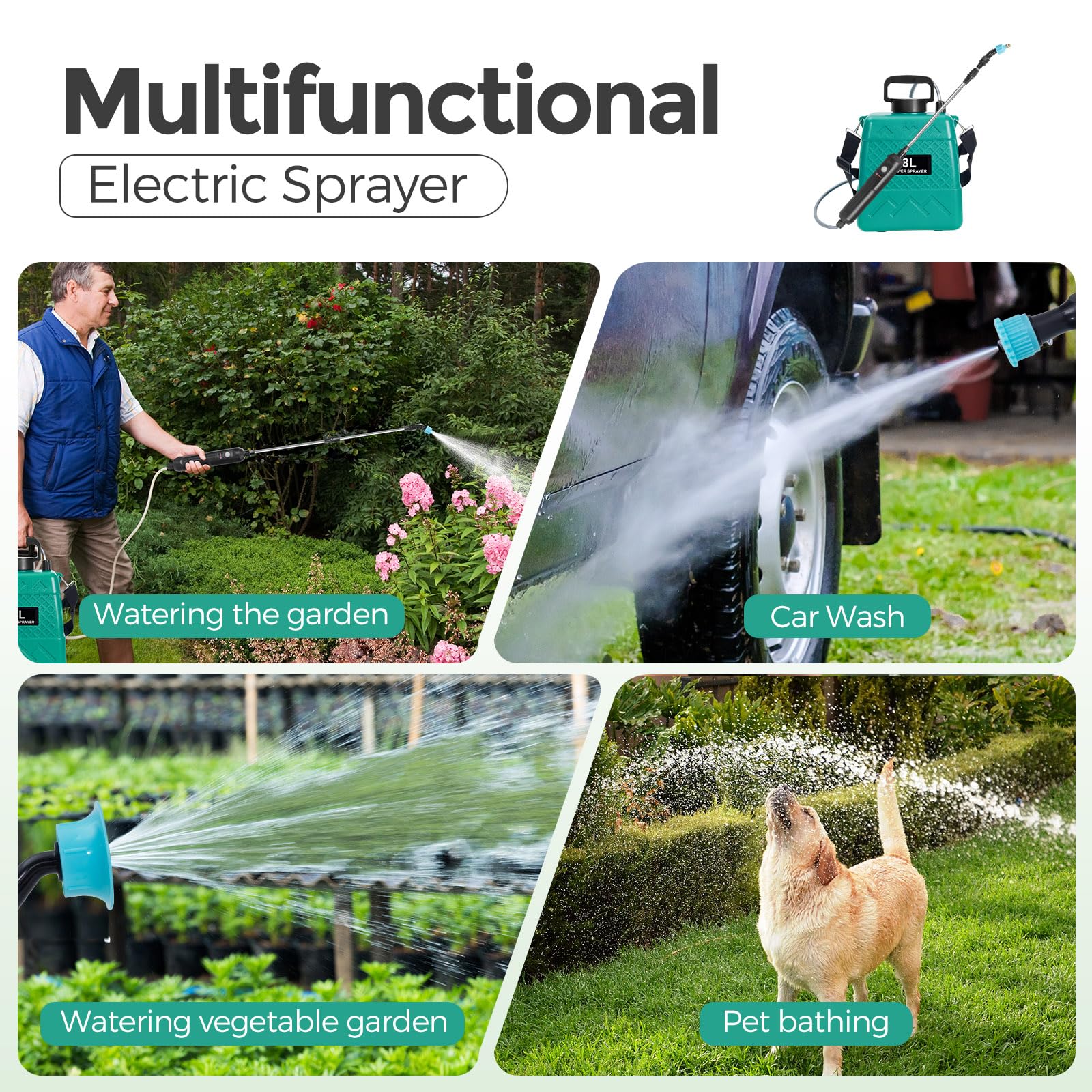 Spruzzatore da giardino da 2 galloni, spruzzatore a batteria con 5 ugelli per nebbia, spruzzatori elettrici a zaino con asta telescopica per prato e giardino
