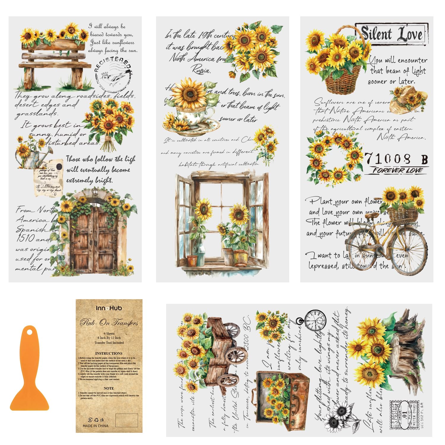 4 Sheets Rub On Transfers for Crafts, Sunflower Rub On Transfers for Furniture Transfers Stickers Rub On Home Decor, Craft Decals, Wood Furniture, Tiered Tray,6 x 12 Inches (Sunflower Story)