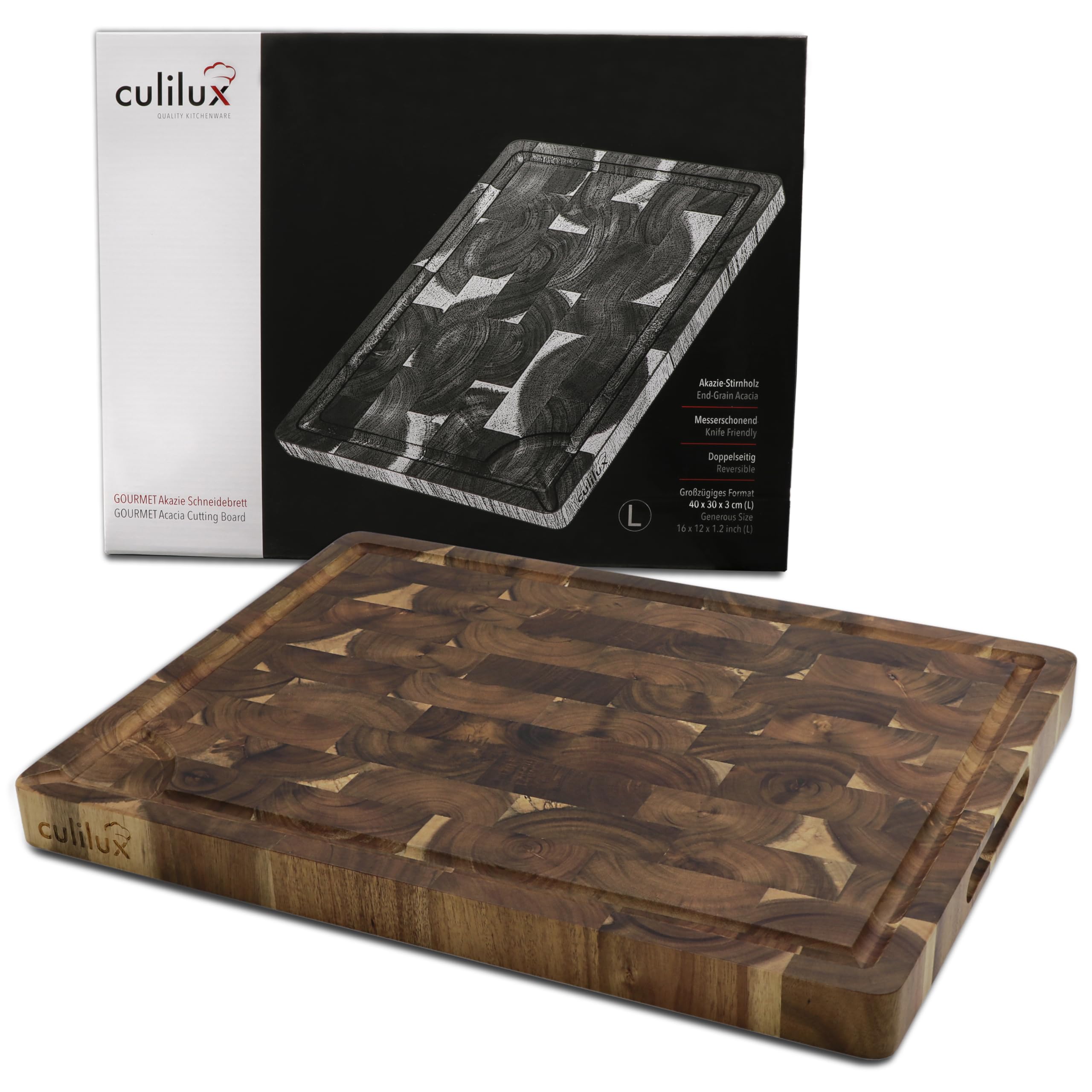 Gourmet Schneidebrett L Stirnholz Akazie 40 x 30 x 3 cm | 2-seitig, Mit Saftrille, Antiseptisches Hirnholz, Zum Servieren geeignet