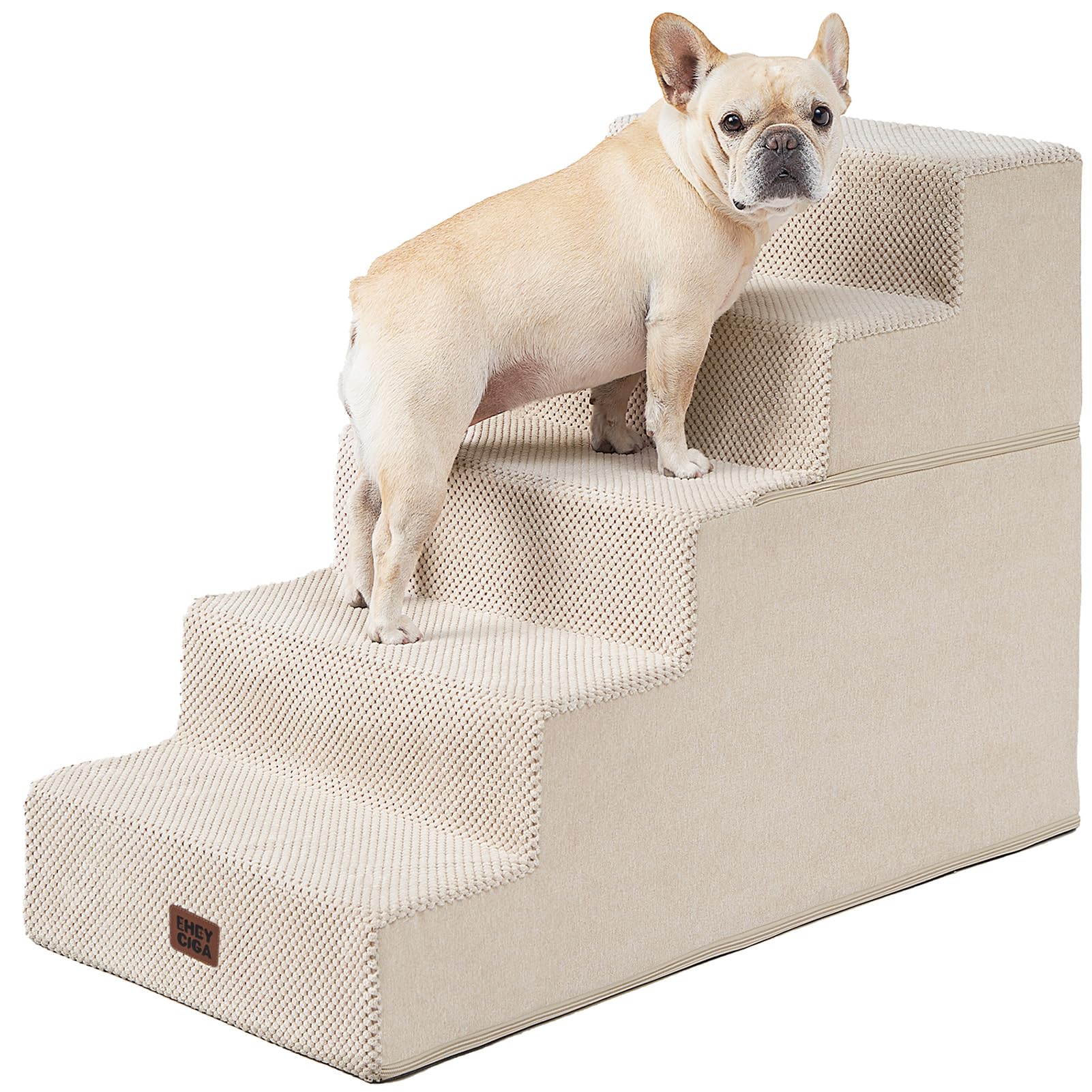 EHEYCIGA Dog Stairs for High Bed 25" H, Extra Wide Dog 5-Step, Beige | Pet Steps for Small Dogs and Cats for Bed, Non-Slip Balanced Pet Ramp Indoor