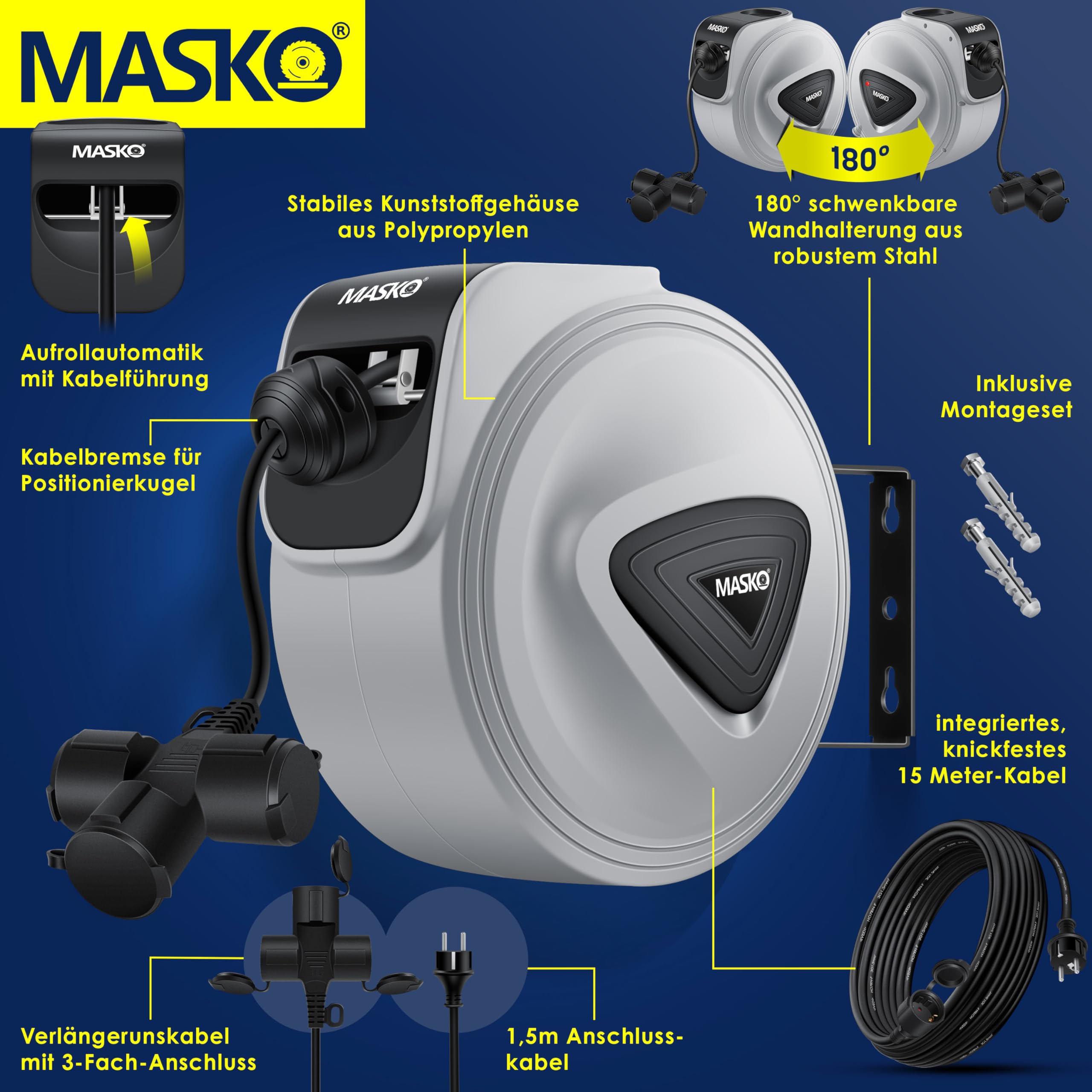 MASKO® Avvolgicavo automatico Cavo di prolunga con collegamento a 3 vie Ruotabile di 180° Cavo da 1,5 m Staffa a muro Avvolgicavo da officina Avvolgitore di corrente automatico Incl. guanti - 15 m