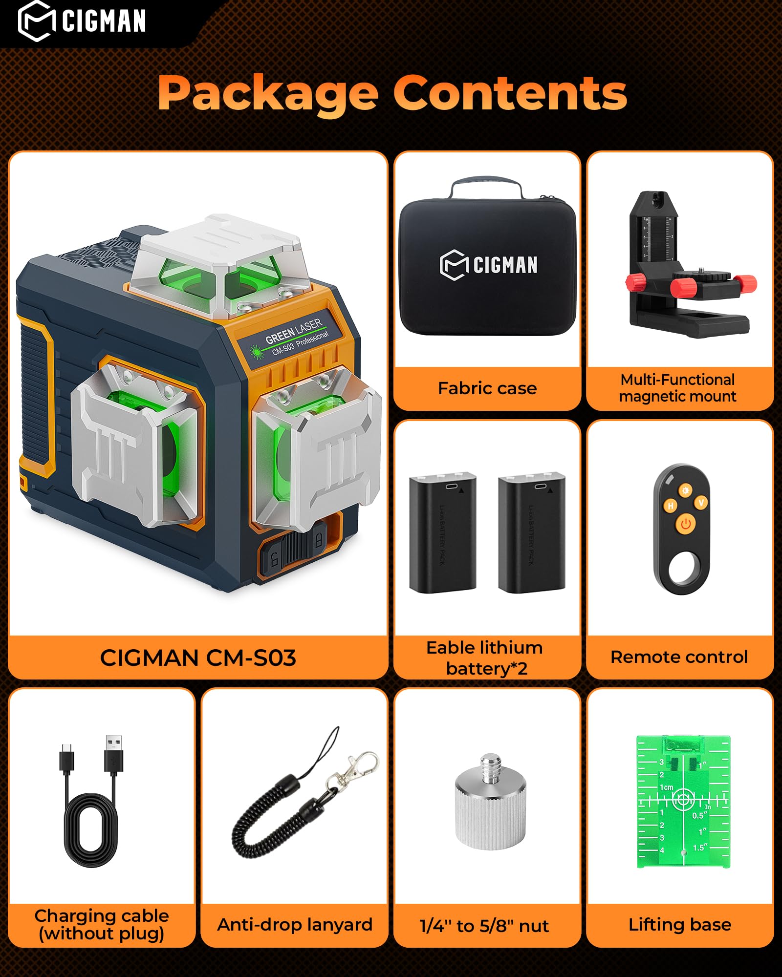 CIGMAN Niveau Laser 360 Autonivelant 3x360°, Laser Vert Chantier avec Grand Écran LCD Latéral, Contrôle APP Bluetooth, Support Magnétique en L, 2 Batteries Li-ion, Laser Niveau