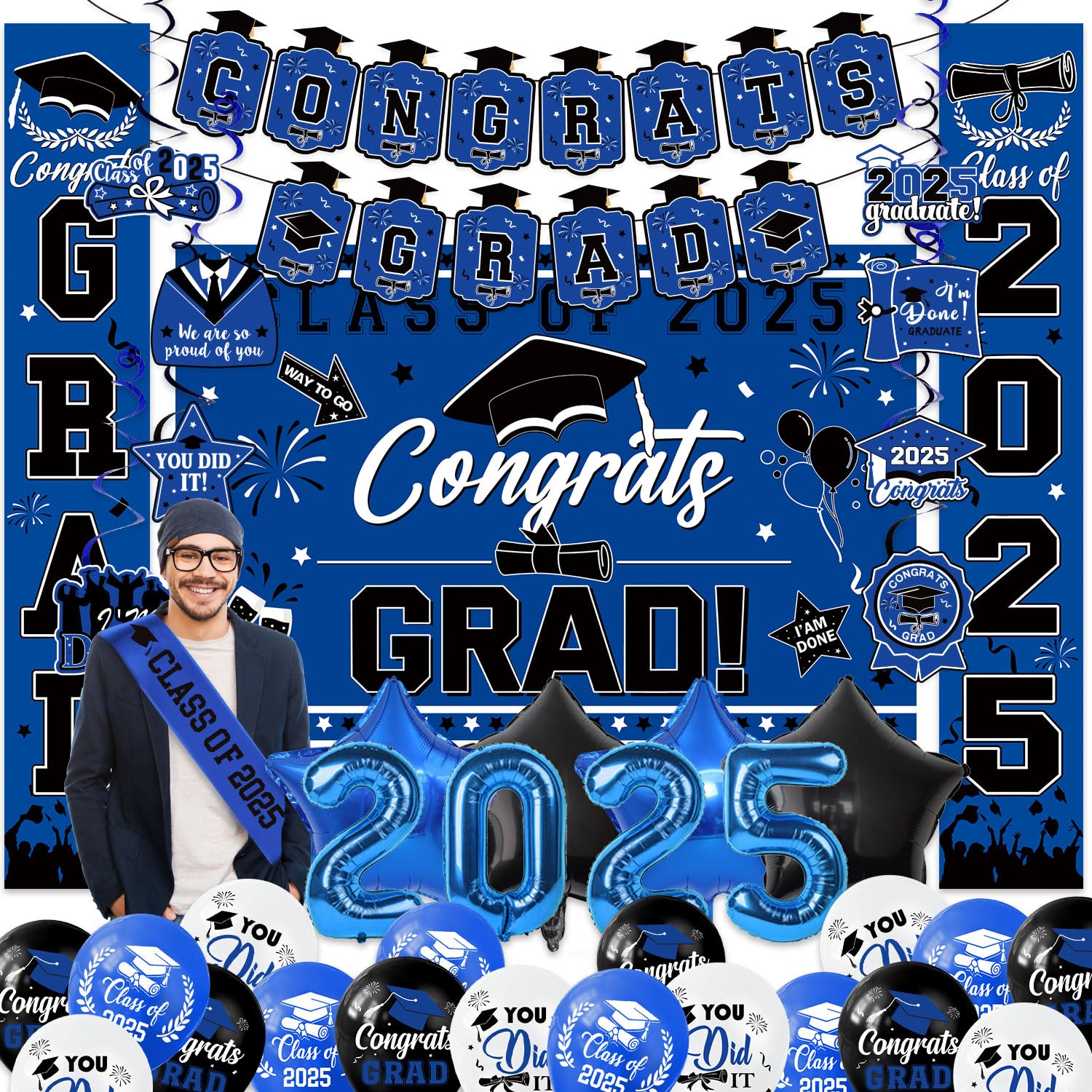 Graduation Decorations 2025 Blue, 2025 Graduation Party Decorations Set Include Congrats Grad Banner, Backdrop, Porch Sign, Hanging Swirl and Balloons