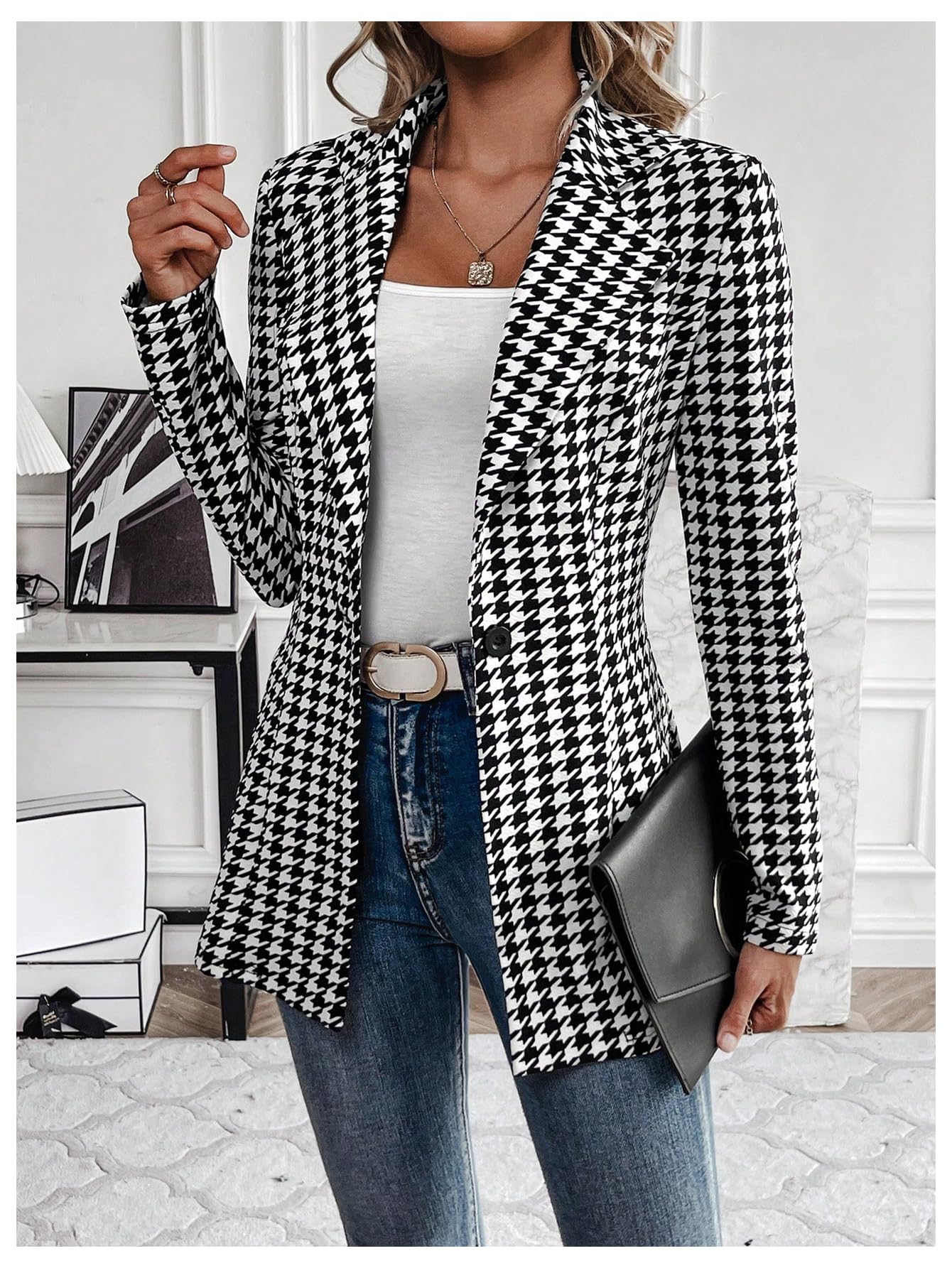 GORGLITTER Women's Houndstooth Long Sleeve Button Blazer Jackets Trendy Open Front Casual Business Work Office Blazers