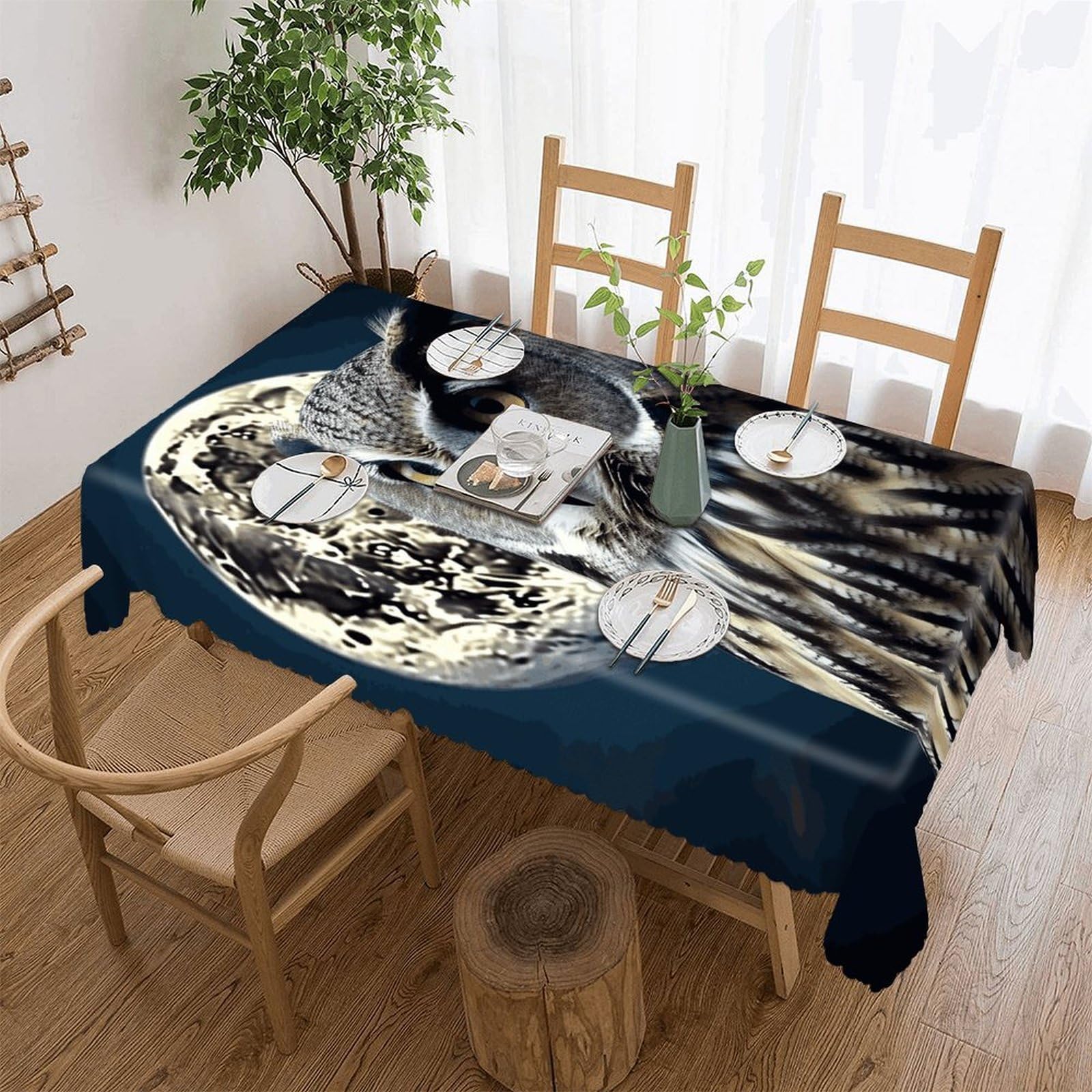 FekiLoot Owl and Moon Tablecloths for Rectangle Tables Wipeable Spillproof Polyester Table Cloth Wrinkle Free Farmhouse Dining Tables Cover Elegant Vintage Decor Tablecover