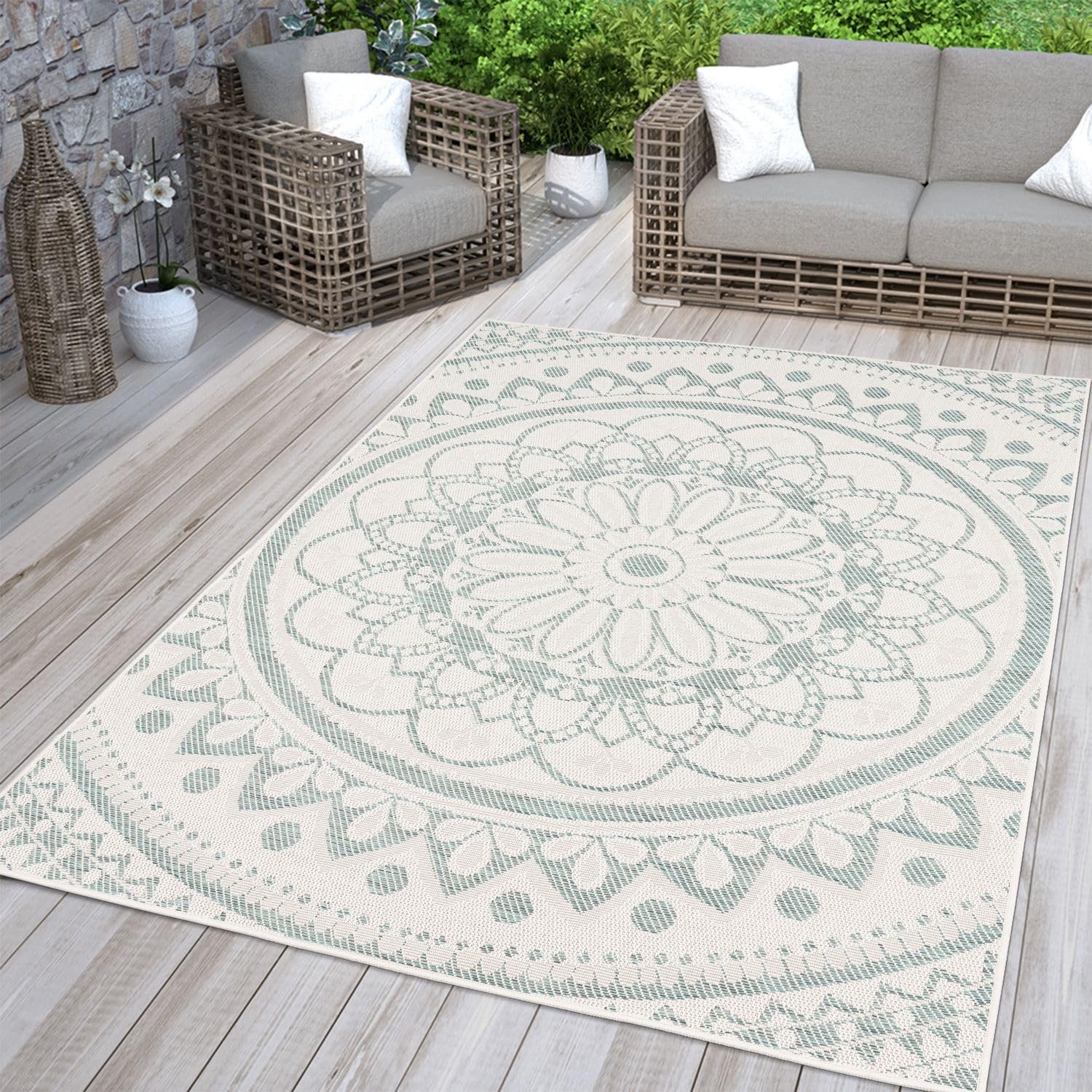Outdoor Rug Garden Rug Persian Style Boho Oriental, colour:Teal Turquoise White, Size:80x150 cm