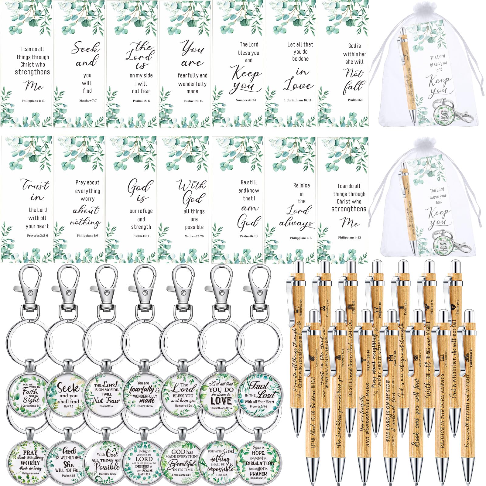 Harloon 56 Pcs Christmas Christian Gift Bulk Bible Verse Ballpoint Pens, Keychains Religious Cards, Organza Bags for Xmas Stocking Stuffers Coworker