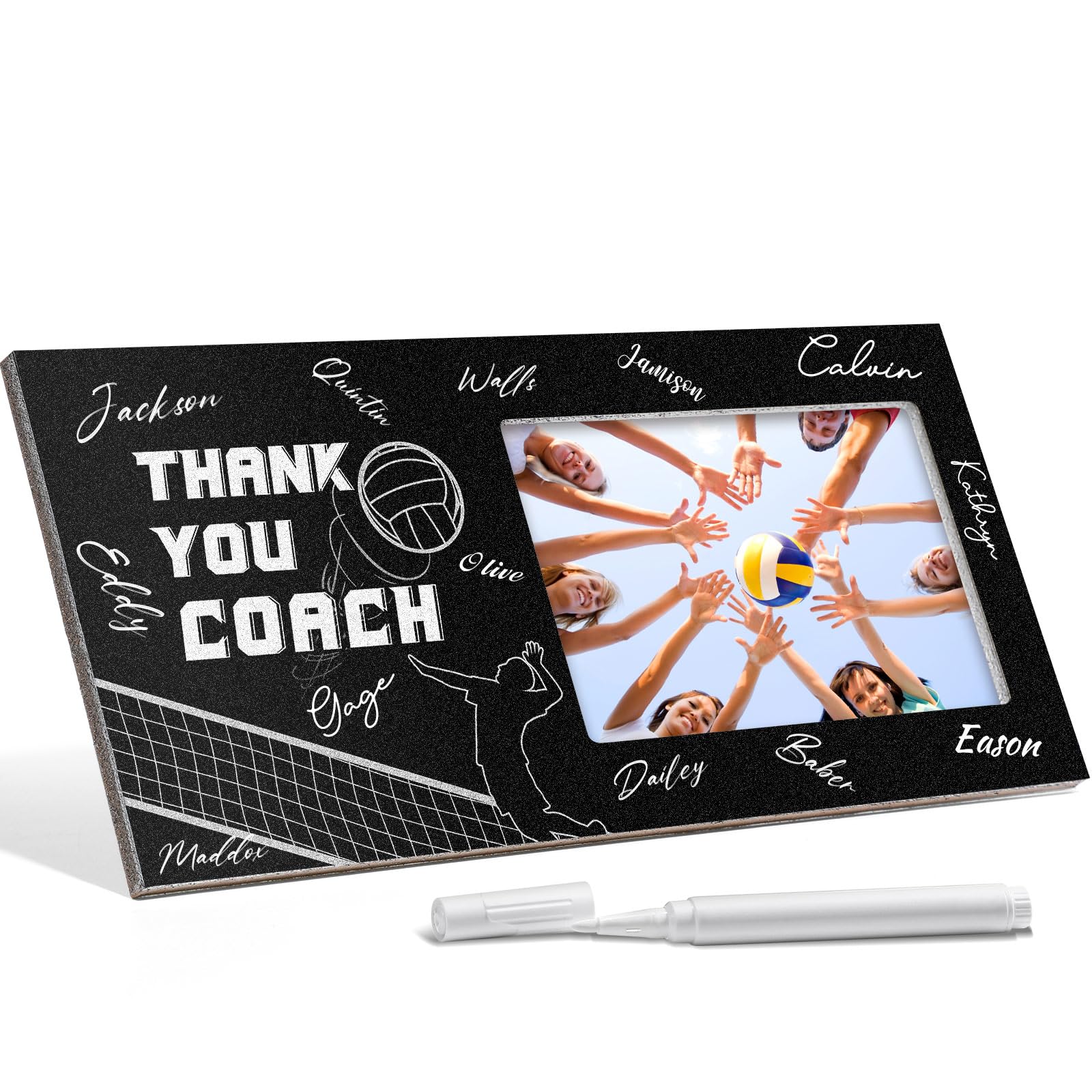 Blosssound Volleyball Thanks Coach Gifts Sports Picture Frame with Pen Thanks Coach Frame 4 x 6 Inch Photo Gifts Wood Picture Decoration for Coaches Appreciation(1)