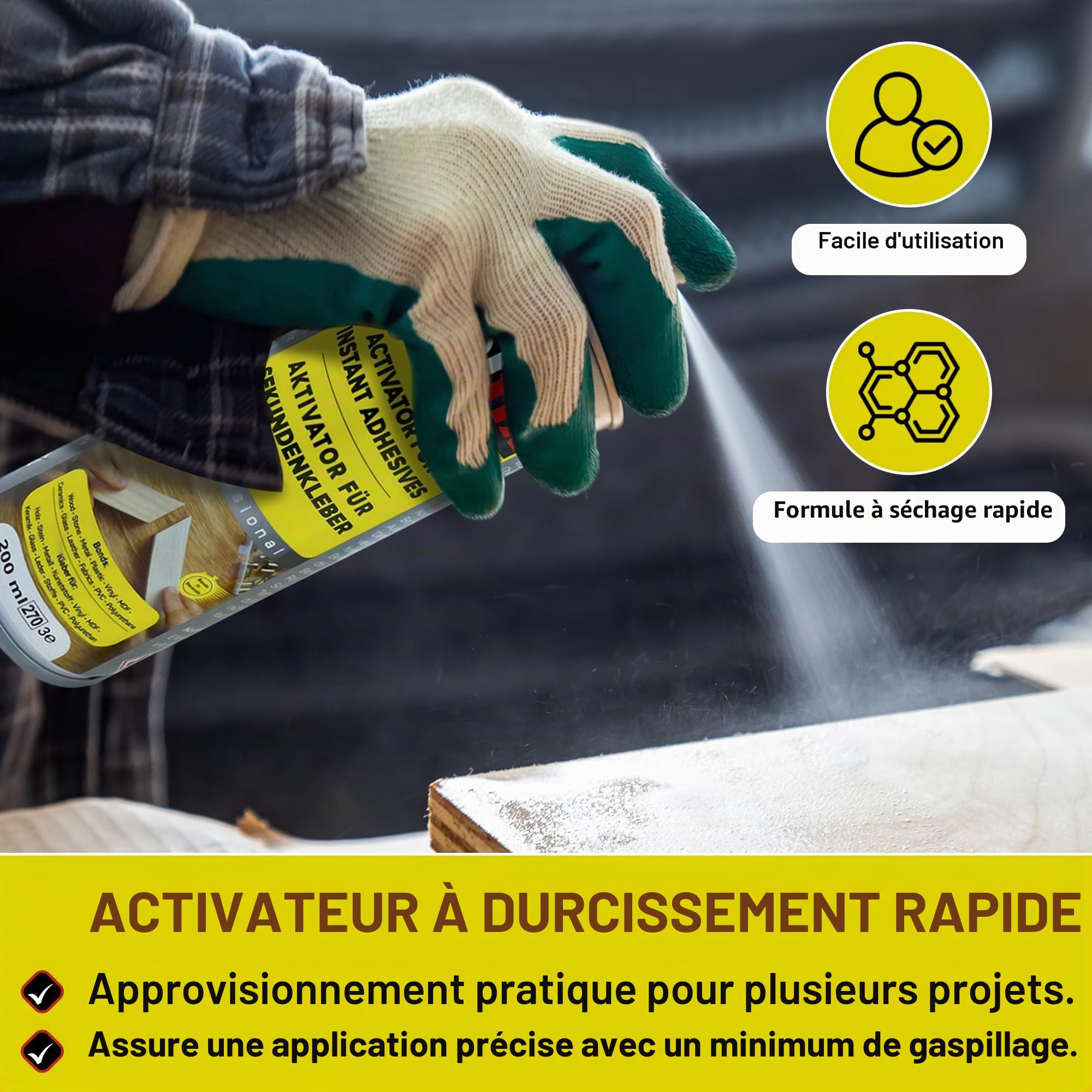 Wolfix Activateur Spray 3 pièces 200ml pour Colle Cyanoacrylate Super Glue Extra Forte - Accélérateur de Colle Forte Tout Support - Convient pour le MDF, les métaux, le plastique, le verre, le cuir
