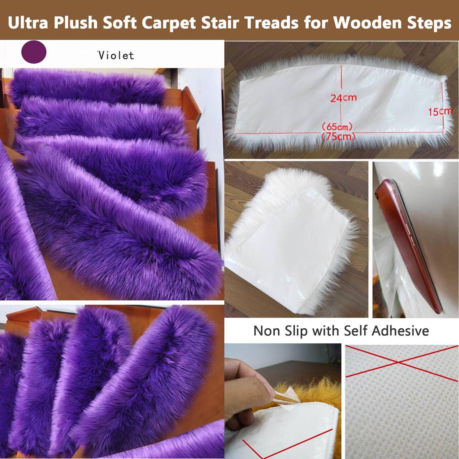 Tapis de Marche d'escalier en Peluche Douce et antidérapante, Tapis d'escalier en Fourrure Lavable et réutilisable pour marches en Bois, Tapis d'escalier Auto-adhésifs, Tapis de