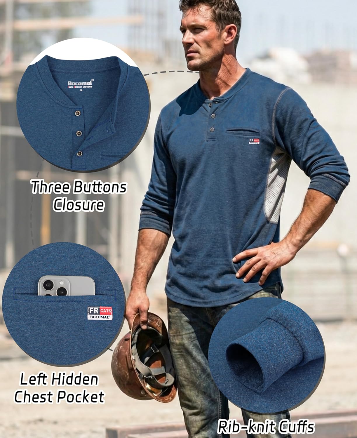 BOCOMAL FR Shirts for Summer Breathable Vented Design 6oz Heather Jersey Flame Resistant Long Sleeve Henley Work Shirt