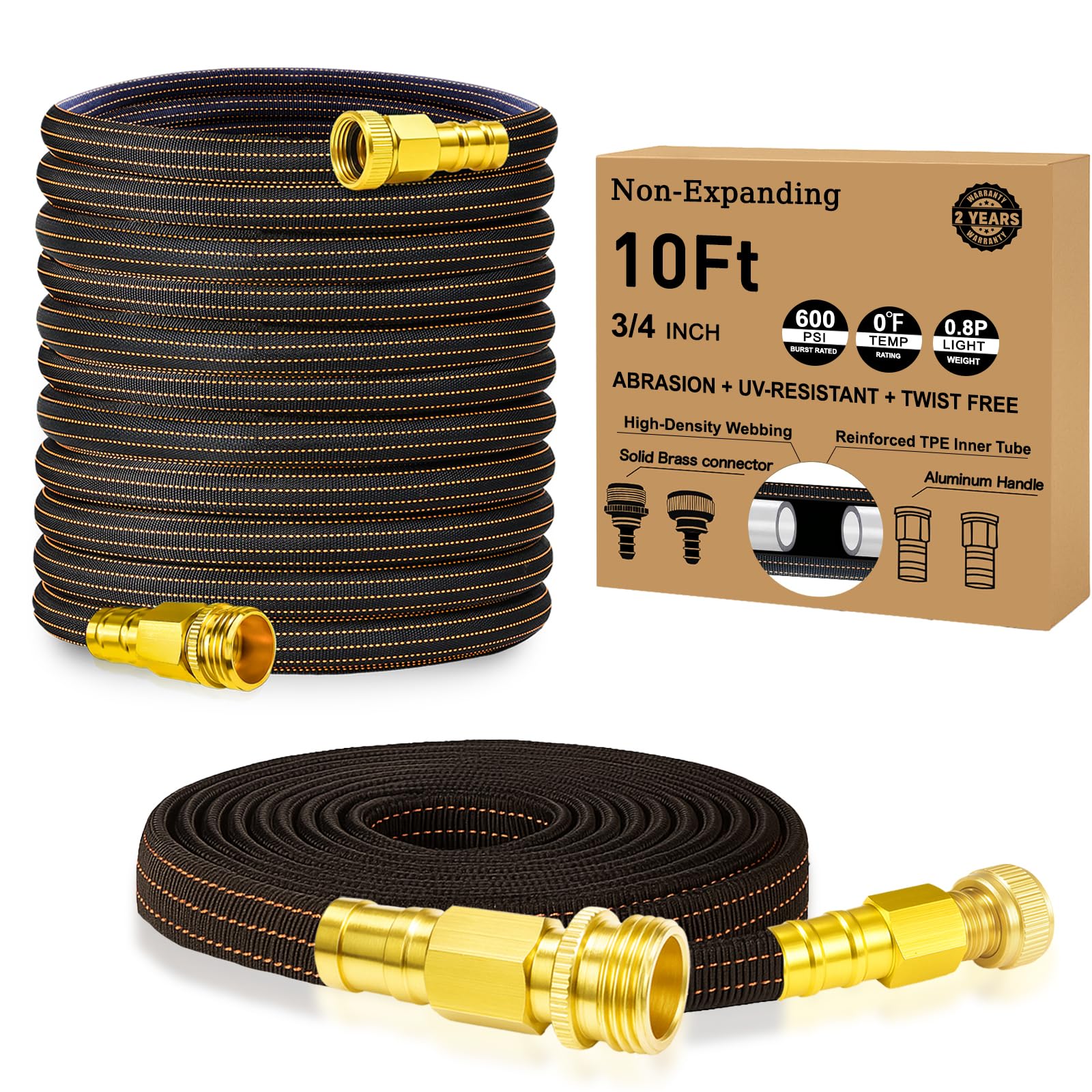 Photo 1 of 10FT Lightweight Garden Hose,Flexible Water Hose with Solid Brass Head,Kink-Free,Leak-Proof,All-Weather 3/4 in. Lead-in Hose for RV,Boat,Car Wash,Garden,Yard,Camper,Outdoor (Orange-Black, 10 Feet)