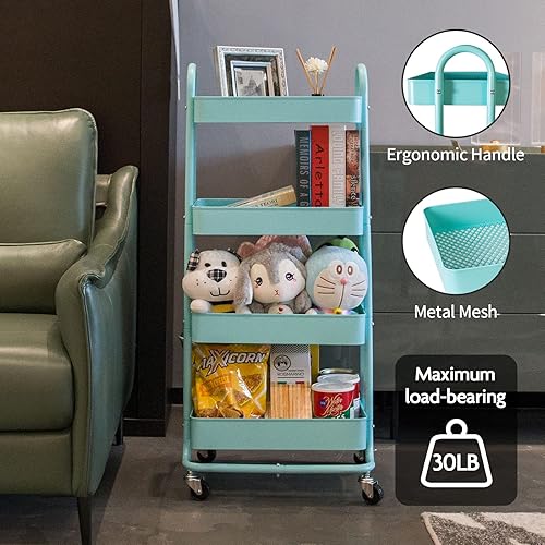 Miniatura 3 de elabo Carrito de malla metálica de 4 niveles, carrito organizador de almacenamiento con ruedas bloqueables para cocina, baño, sala de estar (azul)